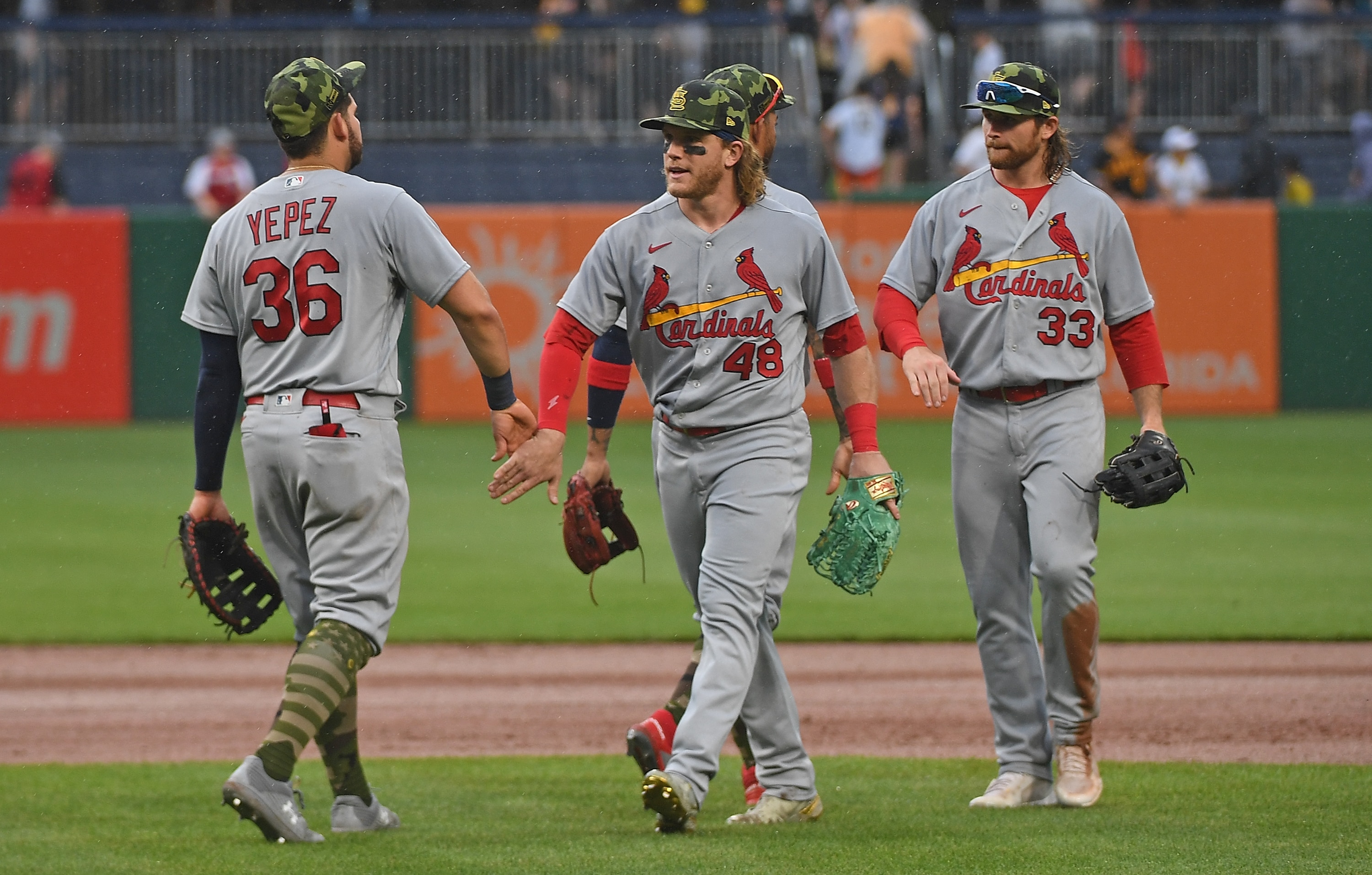PITTSBURGH, PA - MAY 22: The St. Louis Cardinals celebrate after the final out in an 18-4 win over the Pittsburgh Pirates during the game at PNC Park on May 22, 2022 in Pittsburgh, Pennsylvania. (Photo by Justin Berl/Getty Images)