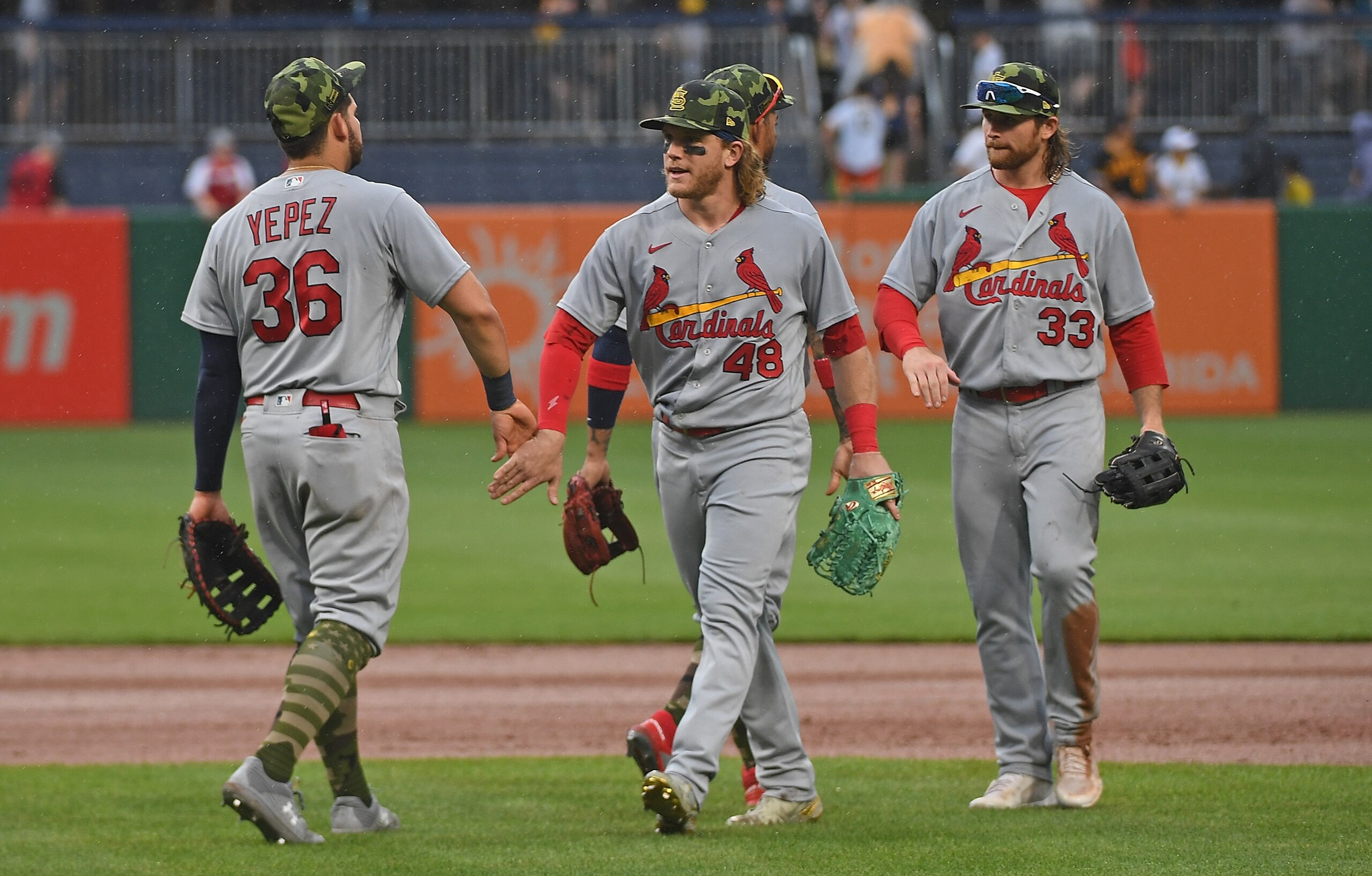 PITTSBURGH, PA - MAY 22: The St. Louis Cardinals celebrate after the final out in an 18-4 win over the Pittsburgh Pirates during the game at PNC Park on May 22, 2022 in Pittsburgh, Pennsylvania. (Photo by Justin Berl/Getty Images)