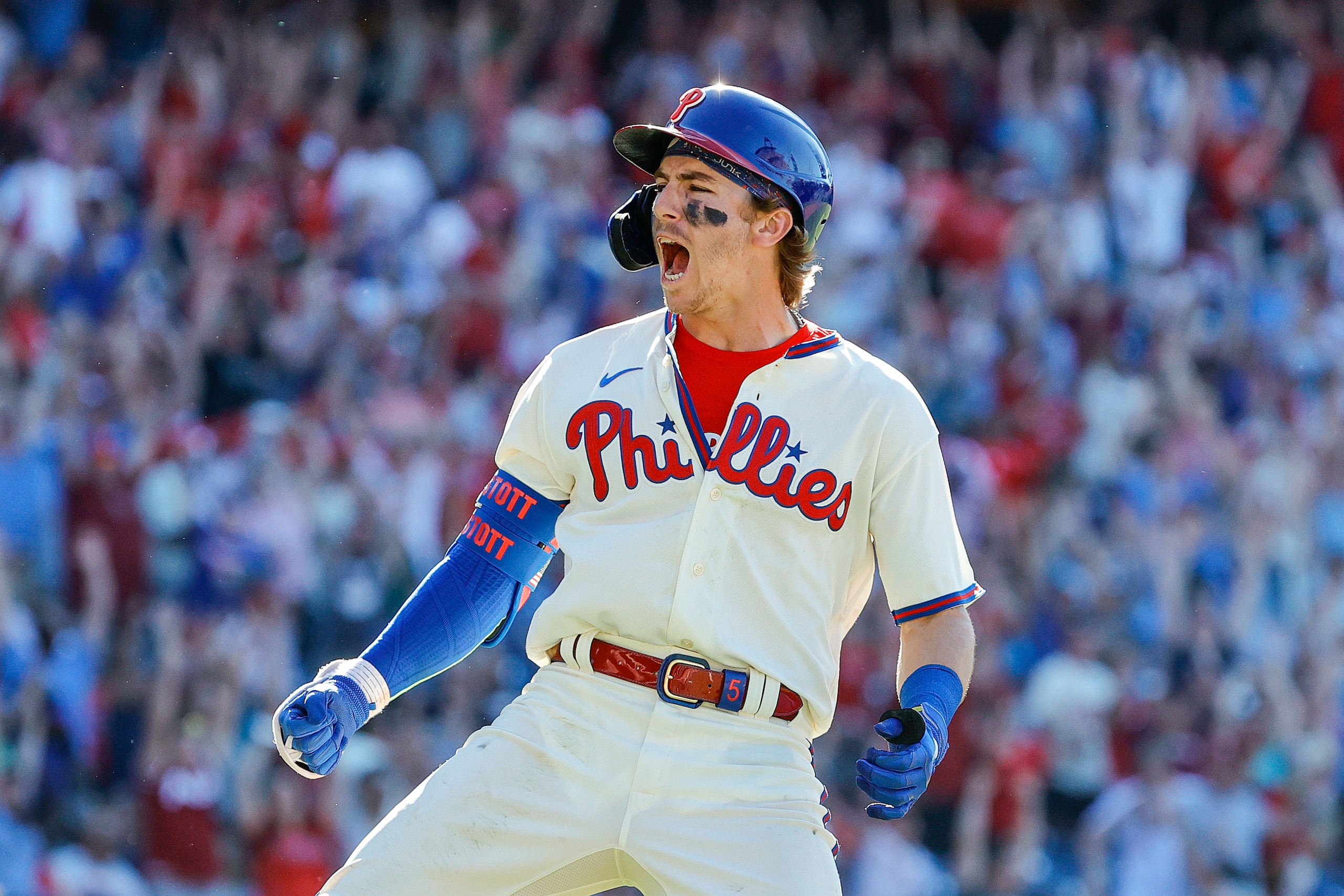 PHILADELPHIA, PENNSYLVANIA - JUNE 05: Bryson Stott #5 of the Philadelphia Phillies celebrates after hitting a walk-off three run home run to defeat the Los Angeles Angels at Citizens Bank Park on June 05, 2022 in Philadelphia, Pennsylvania. (Photo by Tim Nwachukwu/Getty Images) PHILADELPHIA, PENNSYLVANIA - JUNE 05: Bryson Stott #5 of the Philadelphia Phillies celebrates after hitting a walk-off three run home run to defeat the Los Angeles Angels at Citizens Bank Park on June 05, 2022 in Philadelphia, Pennsylvania. (Photo by Tim Nwachukwu/Getty Images)