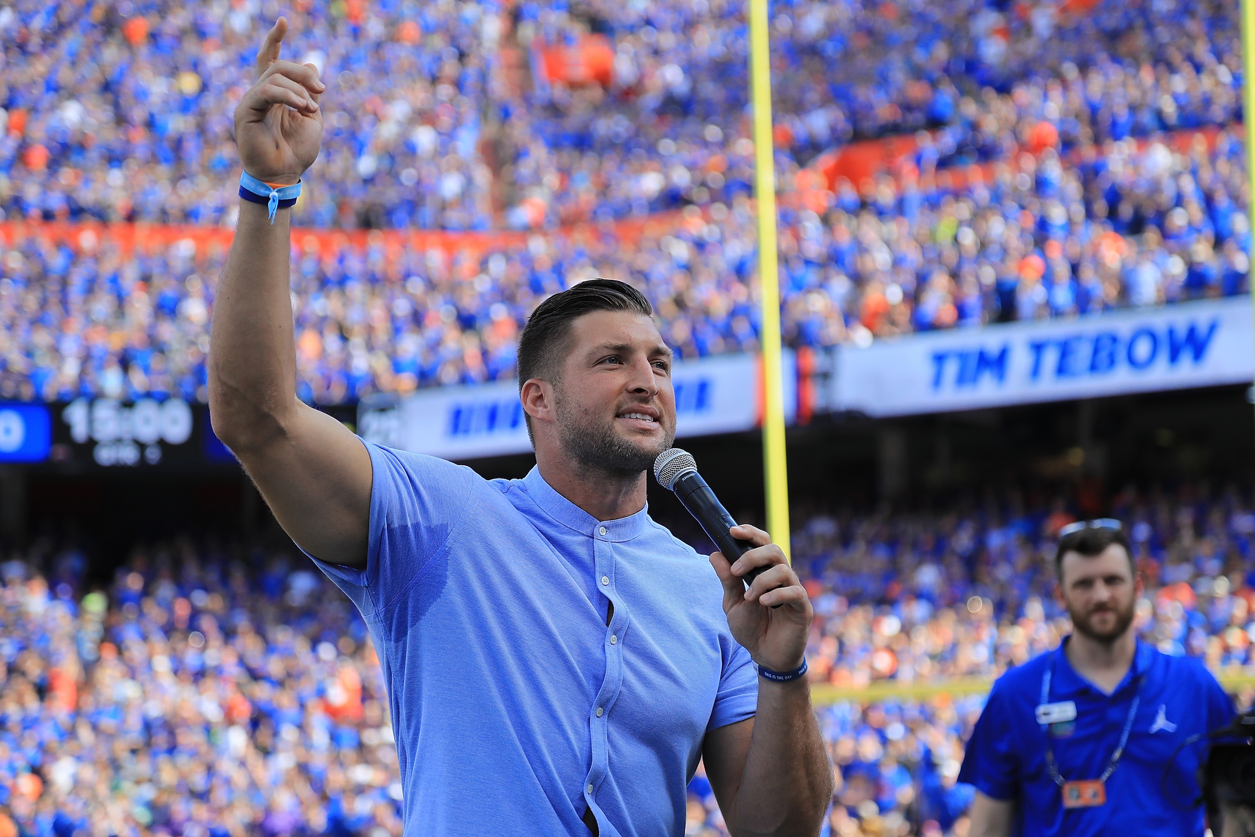 GAINESVILLE, FL - OCTOBER 06:  Tim Tebow is inducted into the Ring of Honor during the game between the Florida Gators and the LSU Tigersat Ben Hill Griffin Stadium on October 6, 2018 in Gainesville, Florida.  (Photo by Sam Greenwood/Getty Images)