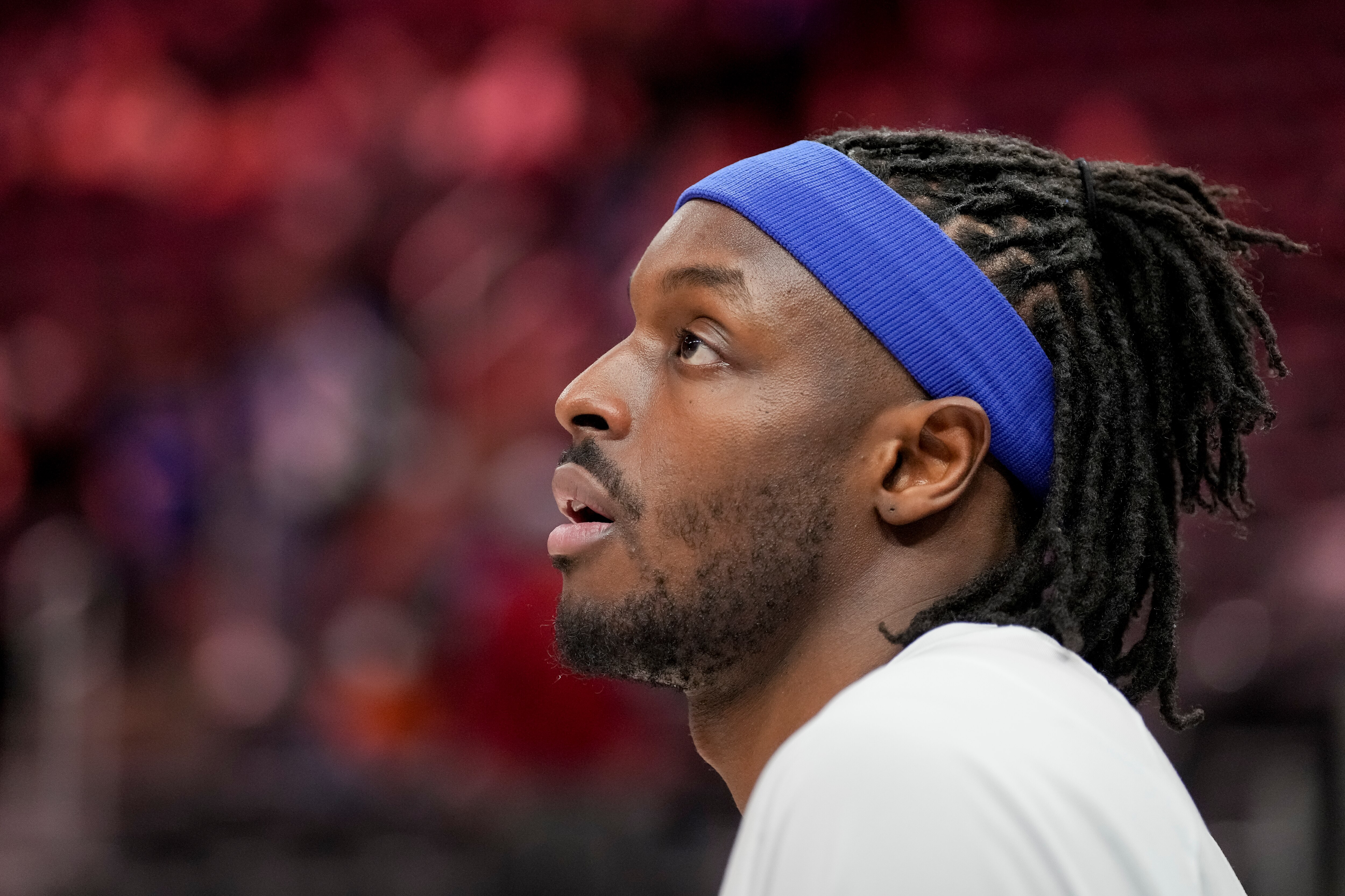 DETROIT, MICHIGAN - MARCH 25: Jerami Grant #9 of the Detroit Pistons looks on before the game against the Washington Wizards at Little Caesars Arena on March 25, 2022 in Detroit, Michigan. NOTE TO USER: User expressly acknowledges and agrees that, by downloading and or using this photograph, User is consenting to the terms and conditions of the Getty Images License Agreement. (Photo by Nic Antaya/Getty Images)