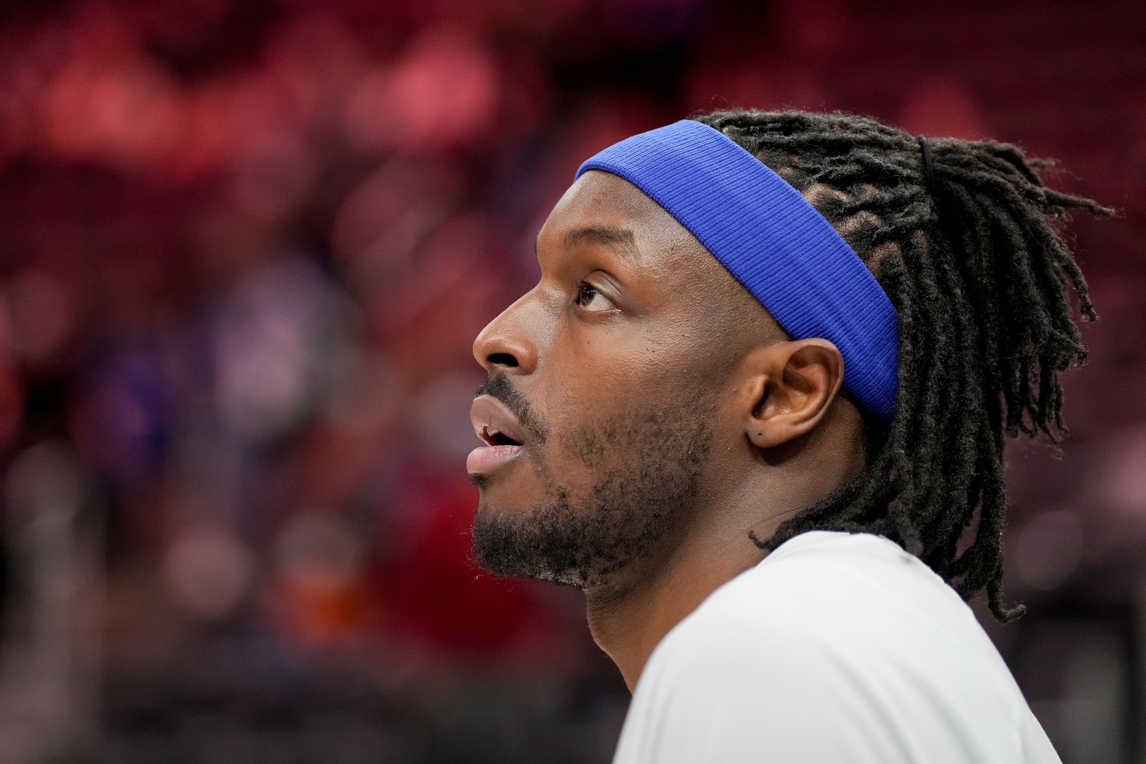 DETROIT, MICHIGAN - MARCH 25: Jerami Grant #9 of the Detroit Pistons looks on before the game against the Washington Wizards at Little Caesars Arena on March 25, 2022 in Detroit, Michigan. NOTE TO USER: User expressly acknowledges and agrees that, by downloading and or using this photograph, User is consenting to the terms and conditions of the Getty Images License Agreement. (Photo by Nic Antaya/Getty Images)