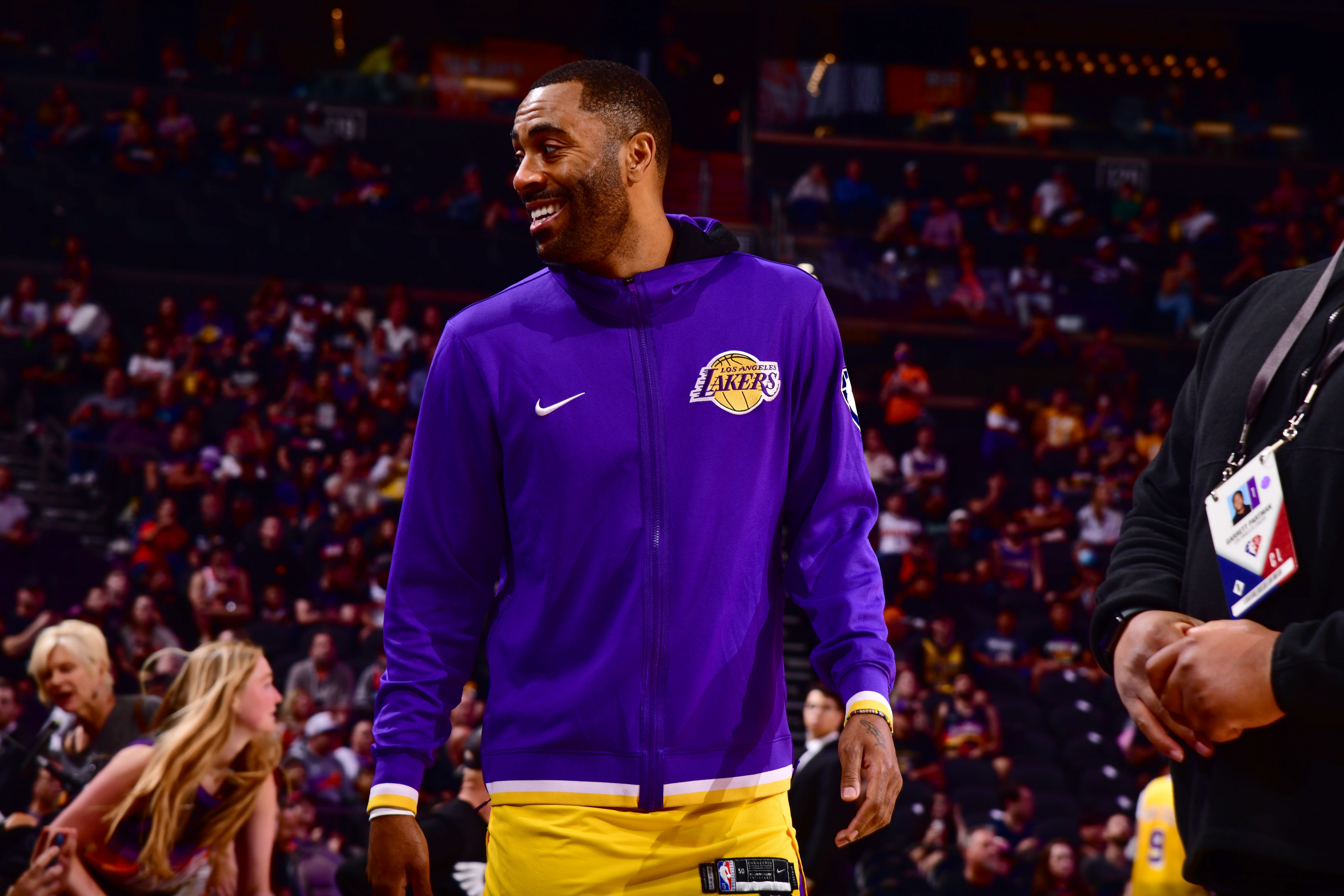 PHOENIX, AZ - APRIL 5: Wayne Ellington #2 of the Los Angeles Lakers walks on to the court before the game against the Phoenix Suns on April 5, 2022 at Footprint Center in Phoenix, Arizona. NOTE TO USER: User expressly acknowledges and agrees that, by downloading and or using this photograph, user is consenting to the terms and conditions of the Getty Images License Agreement. Mandatory Copyright Notice: Copyright 2022 NBAE (Photo by Barry Gossage/NBAE via Getty Images)