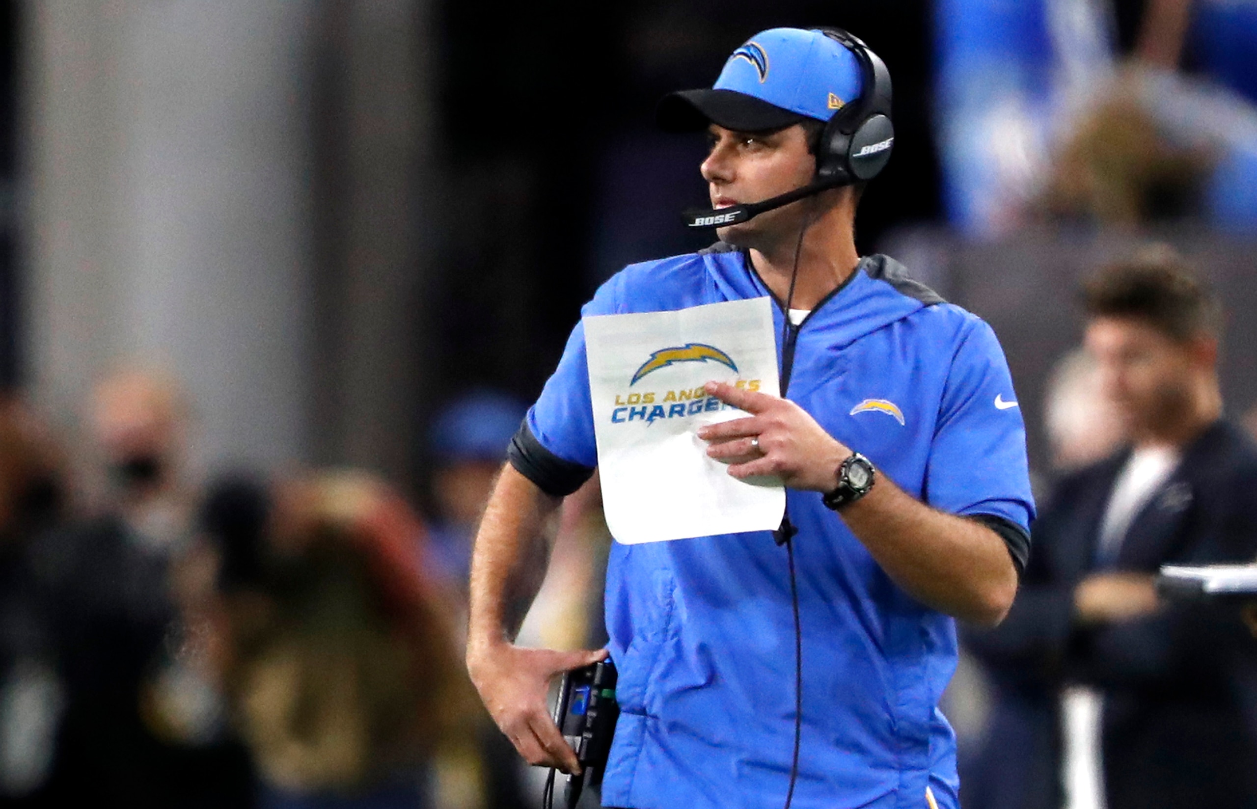 LAS VEGAS, NEVADA - JANUARY 09: Head coach Brandon Staley of the Los Angeles Chargers watches from the sideline during a game against the Las Vegas Raiders at Allegiant Stadium on January 09, 2022 in Las Vegas, Nevada. (Photo by Steve Marcus/Getty Images)
