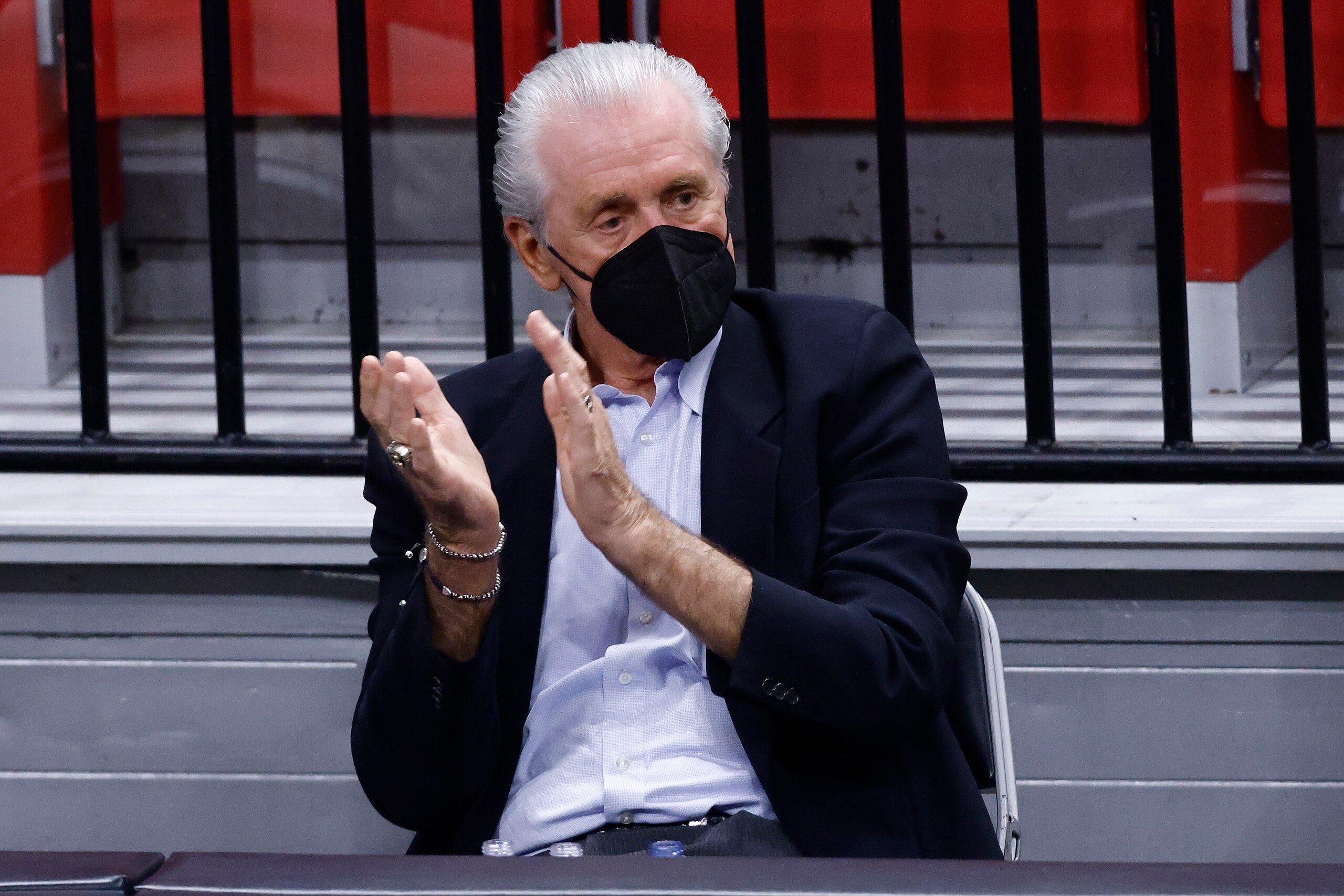MIAMI, FLORIDA - APRIL 24: President Pat Riley of the Miami Heat looks on during the fourth quarter against the Chicago Bulls at American Airlines Arena on April 24, 2021 in Miami, Florida. NOTE TO USER: User expressly acknowledges and agrees that, by downloading and or using this photograph, User is consenting to the terms and conditions of the Getty Images License Agreement. ( (Photo by Michael Reaves/Getty Images)