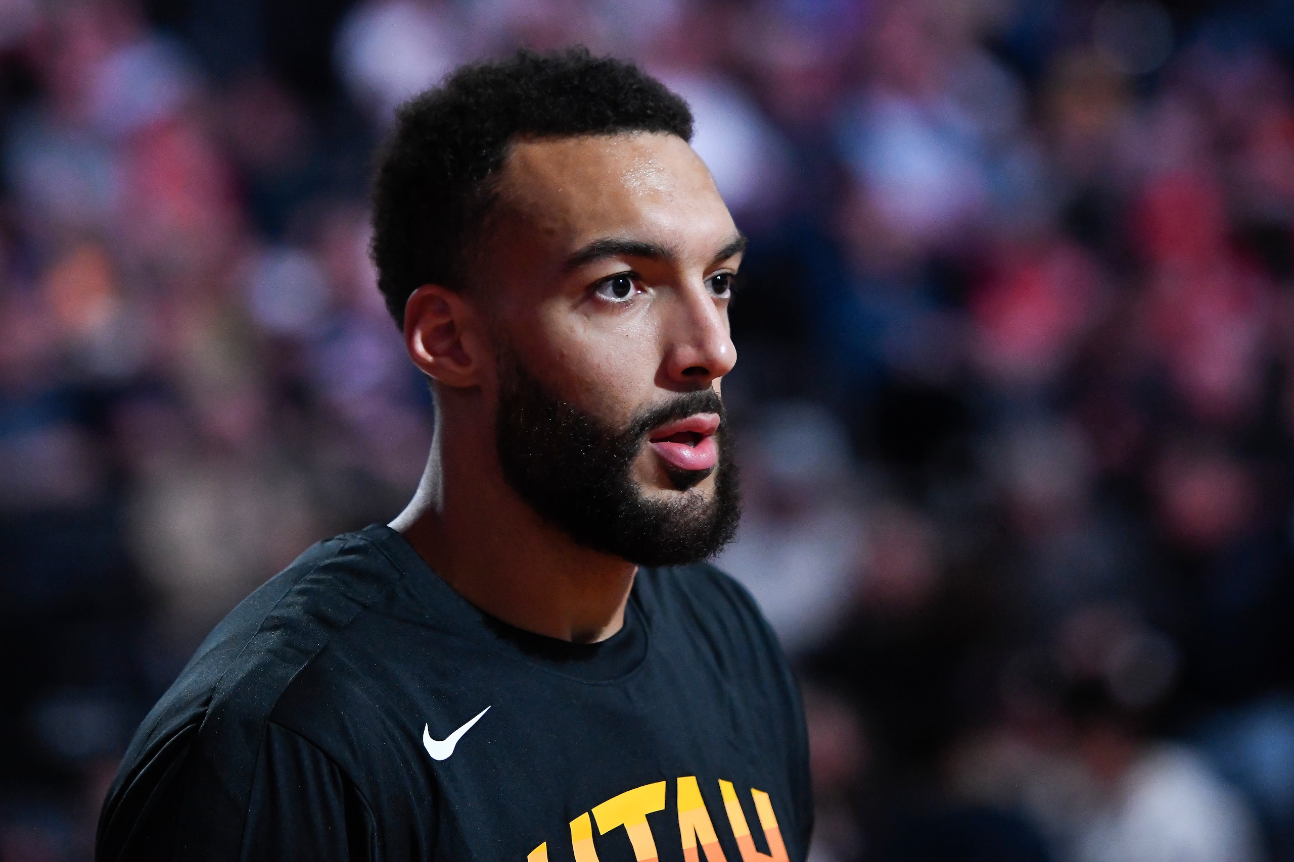 SALT LAKE CITY, UTAH - MARCH 16: Rudy Gobert #27 of the Utah Jazz looks on before a game against the Chicago Bulls at Vivint Smart Home Arena on March 16, 2022 in Salt Lake City, Utah. NOTE TO USER: User expressly acknowledges and agrees that, by downloading and or using this photograph, User is consenting to the terms and conditions of the Getty Images License Agreement. (Photo by Alex Goodlett/Getty Images)