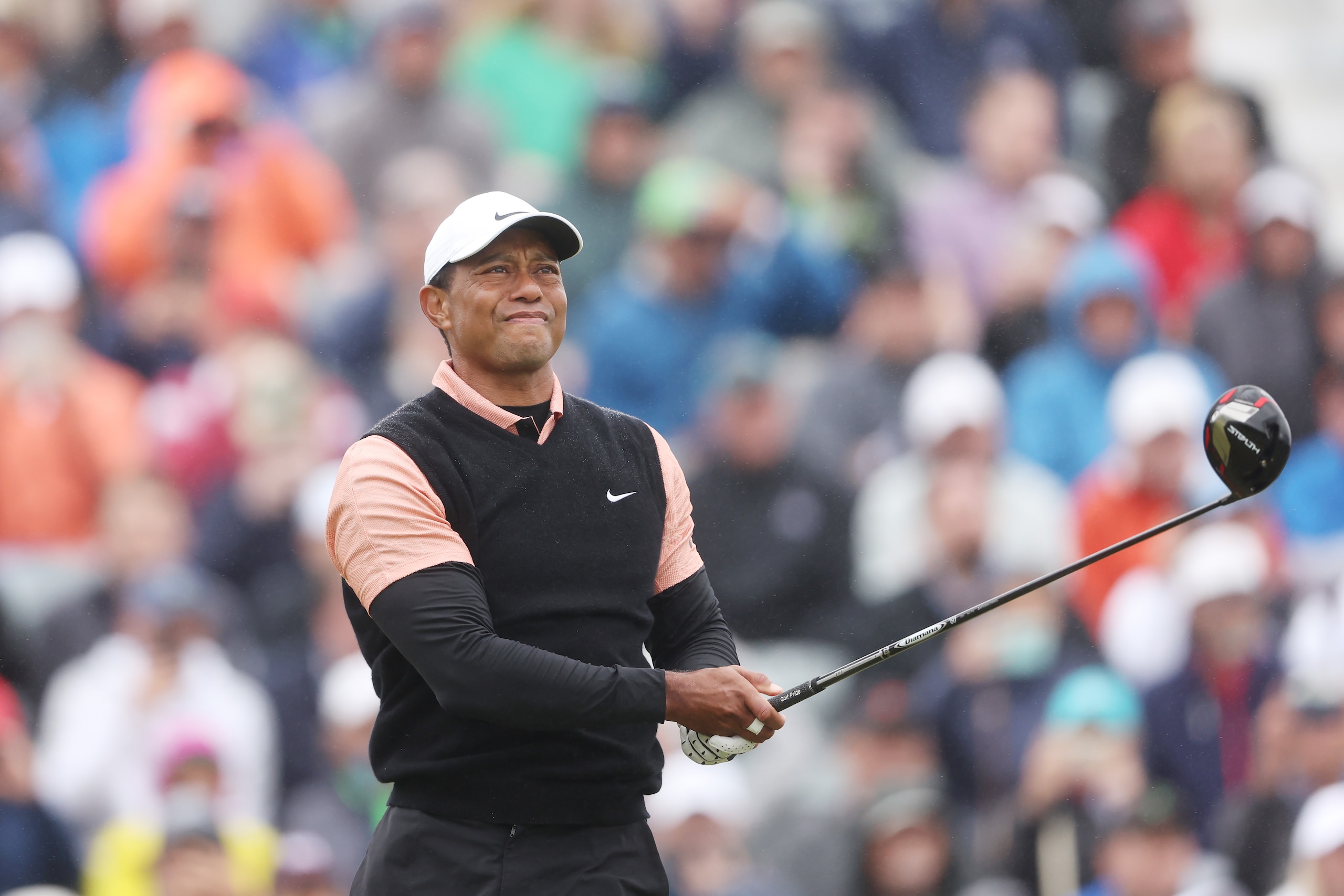 TULSA, OKLAHOMA - MAY 21: Tiger Woods of the United States plays his shot from the tenth tee during the third round of the 2022 PGA Championship at Southern Hills Country Club on May 21, 2022 in Tulsa, Oklahoma. (Photo by Christian Petersen/Getty Images)