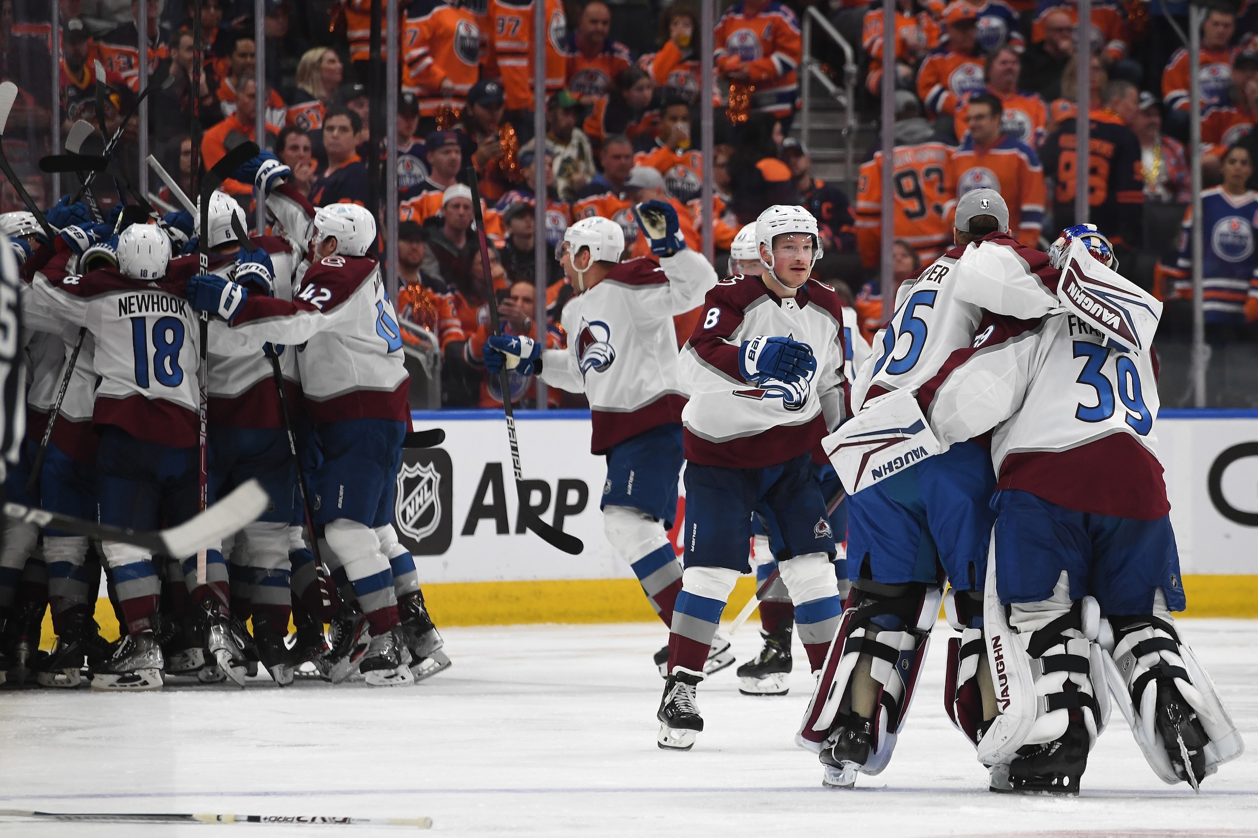 EDMONTON, ALBERTA - JUNE 06: The Colorado Avalanche celebrate after defeating the Edmonton Oilers 6-5 in overtime in Game Four of the Western Conference Final of the 2022 Stanley Cup Playoffs at Rogers Place on June 06, 2022 in Edmonton, Alberta. (Photo by Derek Leung/Getty Images)