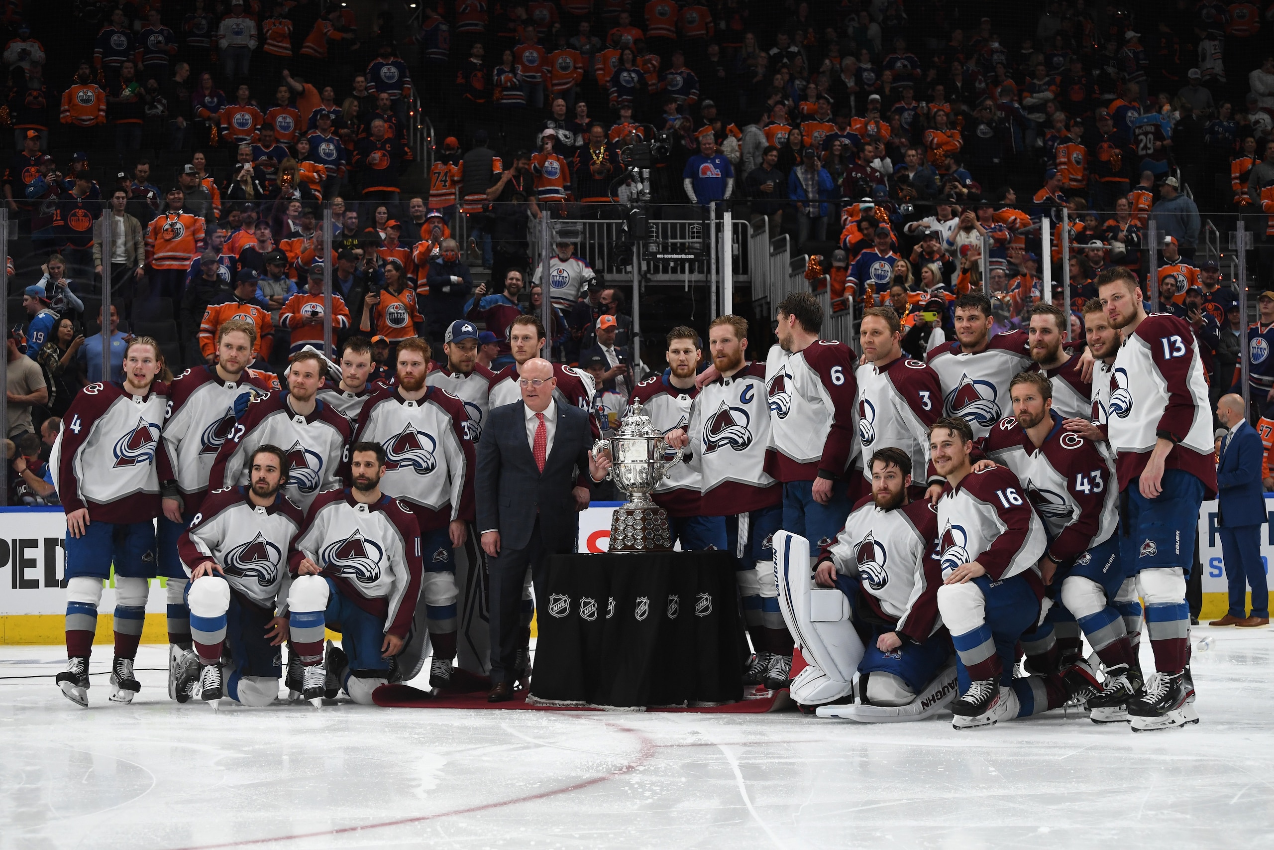EDMONTON, ALBERTA - JUNE 06: The Colorado Avalanche pose with the Clarence S. Campbell Bowl after defeating the Edmonton Oilers 6-5 in overtime in Game Four of the Western Conference Final of the 2022 Stanley Cup Playoffs at Rogers Place on June 06, 2022 in Edmonton, Alberta. (Photo by Derek Leung/Getty Images)