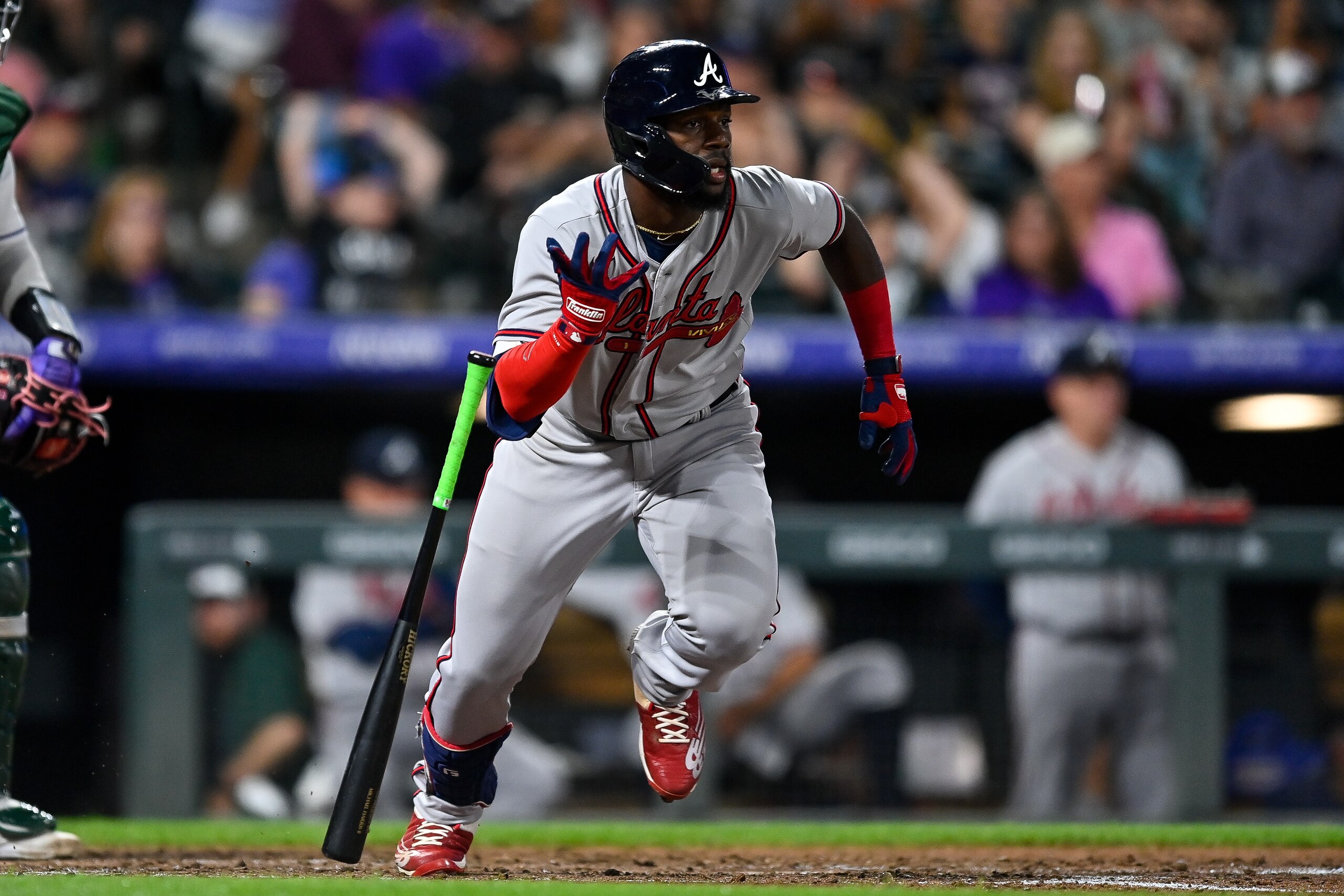 DENVER, CO - JUNE 4: Michael Harris II #23 of the Atlanta Braves hits a seventh inning double against the Colorado Rockies at Coors Field on June 4, 2022 in Denver, Colorado. The Colorado Rockies debuted the team's city connect uniforms in the game. (Photo by Dustin Bradford/Getty Images)