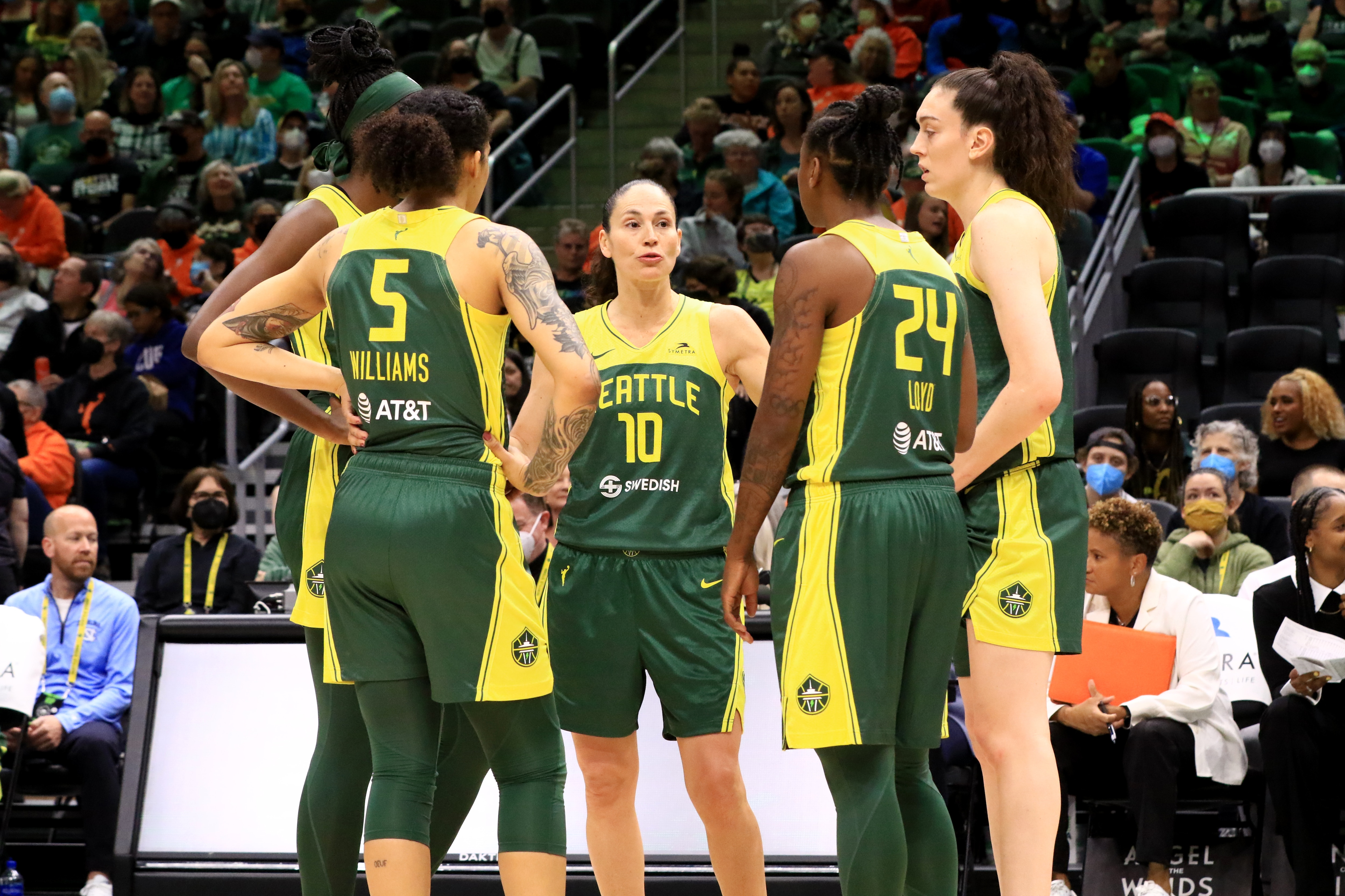 SEATTLE, WA - JUNE 5: The Seattle Storm huddle up during the game against the Connecticut Sun on June 5, 2022 at the Climate Pledge Arena in Seattle, Washington. NOTE TO USER: User expressly acknowledges and agrees that, by downloading and or using this photograph, User is consenting to the terms and conditions of the Getty Images License Agreement. Mandatory Copyright Notice: Copyright 2022 NBAE (Photo by Joshua Huston/NBAE via Getty Images)