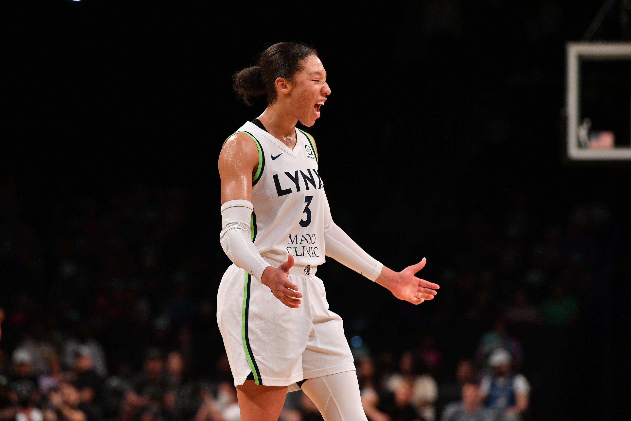 BROOKLYN, NY - JUNE 5:  Aerial Powers #3 of the Minnesota Lynx celebrates during the game against the New York Liberty on June 5, 2022 at the Barclays Center in Brooklyn, New York. NOTE TO USER: User expressly acknowledges and agrees that, by downloading and or using this photograph, user is consenting to the terms and conditions of the Getty Images License Agreement. Mandatory Copyright Notice: Copyright 2022 NBAE (Photo by Catalina Fragoso/NBAE via Getty Images)