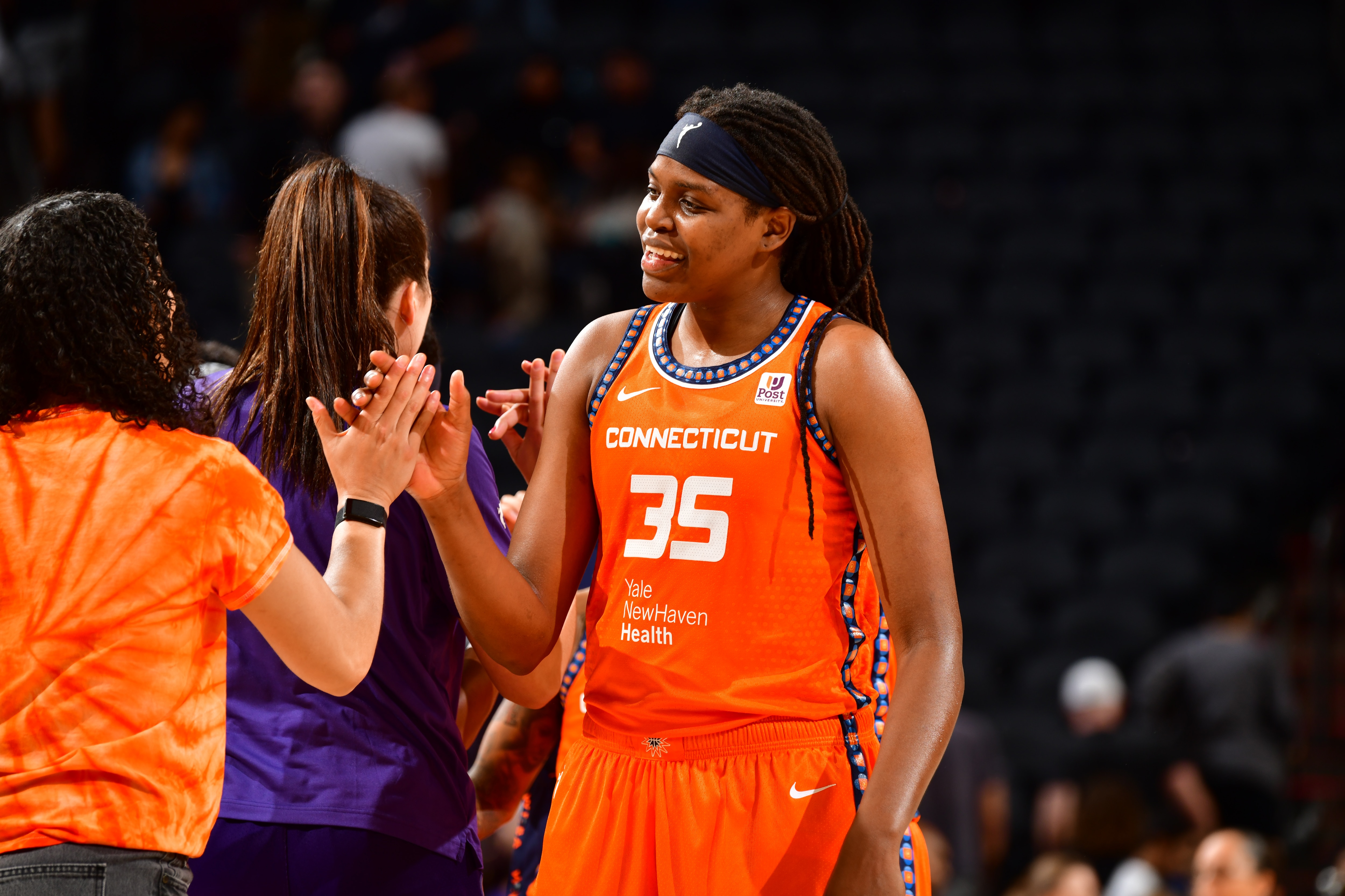 PHOENIX, AZ - JUNE 3:  Jonquel Jones #35 of the Connecticut Sun smiles after the game against the Phoenix Mercury on June 3, 2022 at Footprint Center in Phoenix, Arizona. NOTE TO USER: User expressly acknowledges and agrees that, by downloading and or using this photograph, user is consenting to the terms and conditions of the Getty Images License Agreement. Mandatory Copyright Notice: Copyright 2022 NBAE (Photo by Barry Gossage/NBAE via Getty Images)