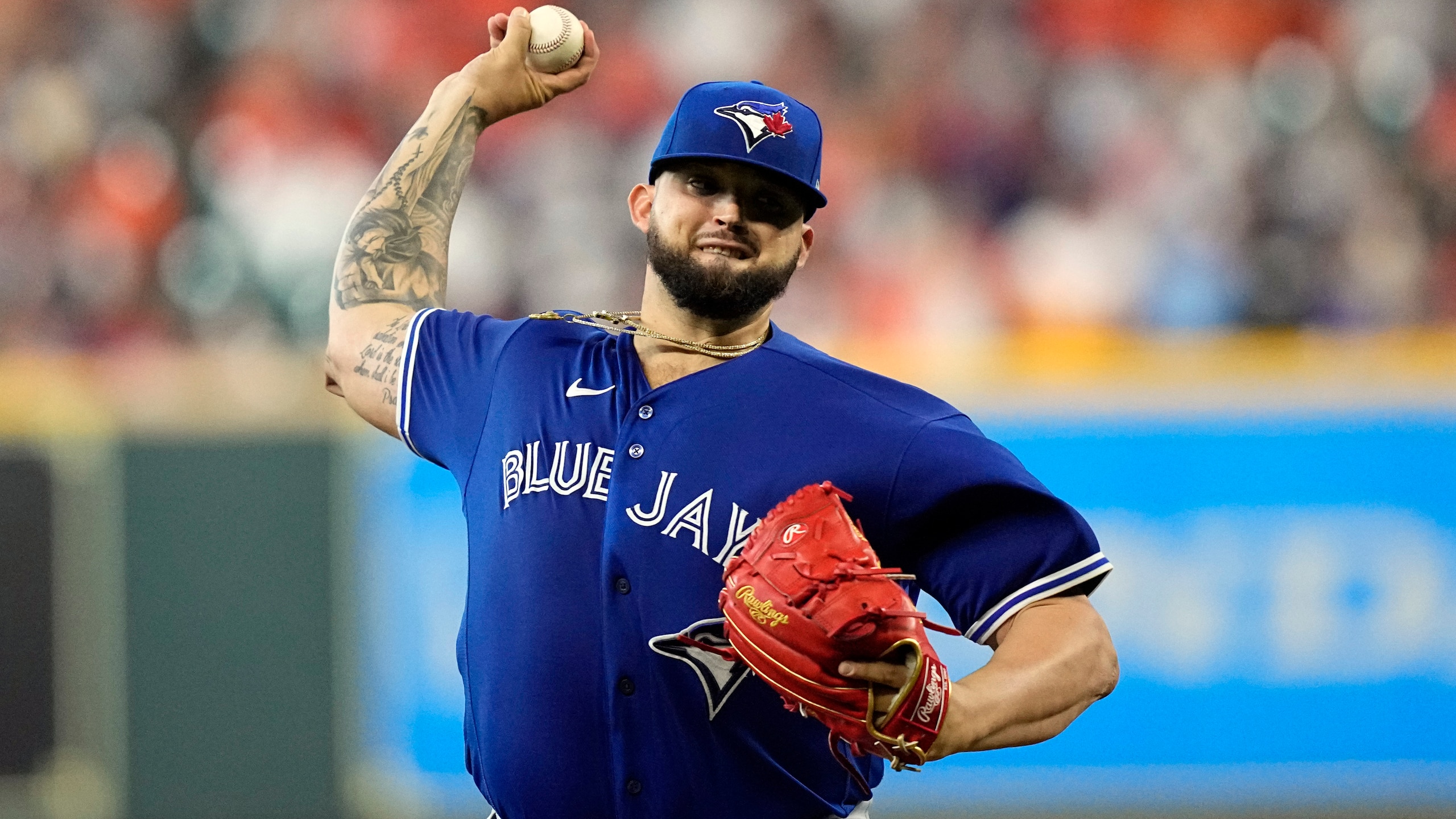 Toronto Blue Jays starting pitcher Alek Manoah throws against the Houston Astros during the first inning of a baseball game Saturday, April 23, 2022, in Houston. (AP Photo/David J. Phillip)