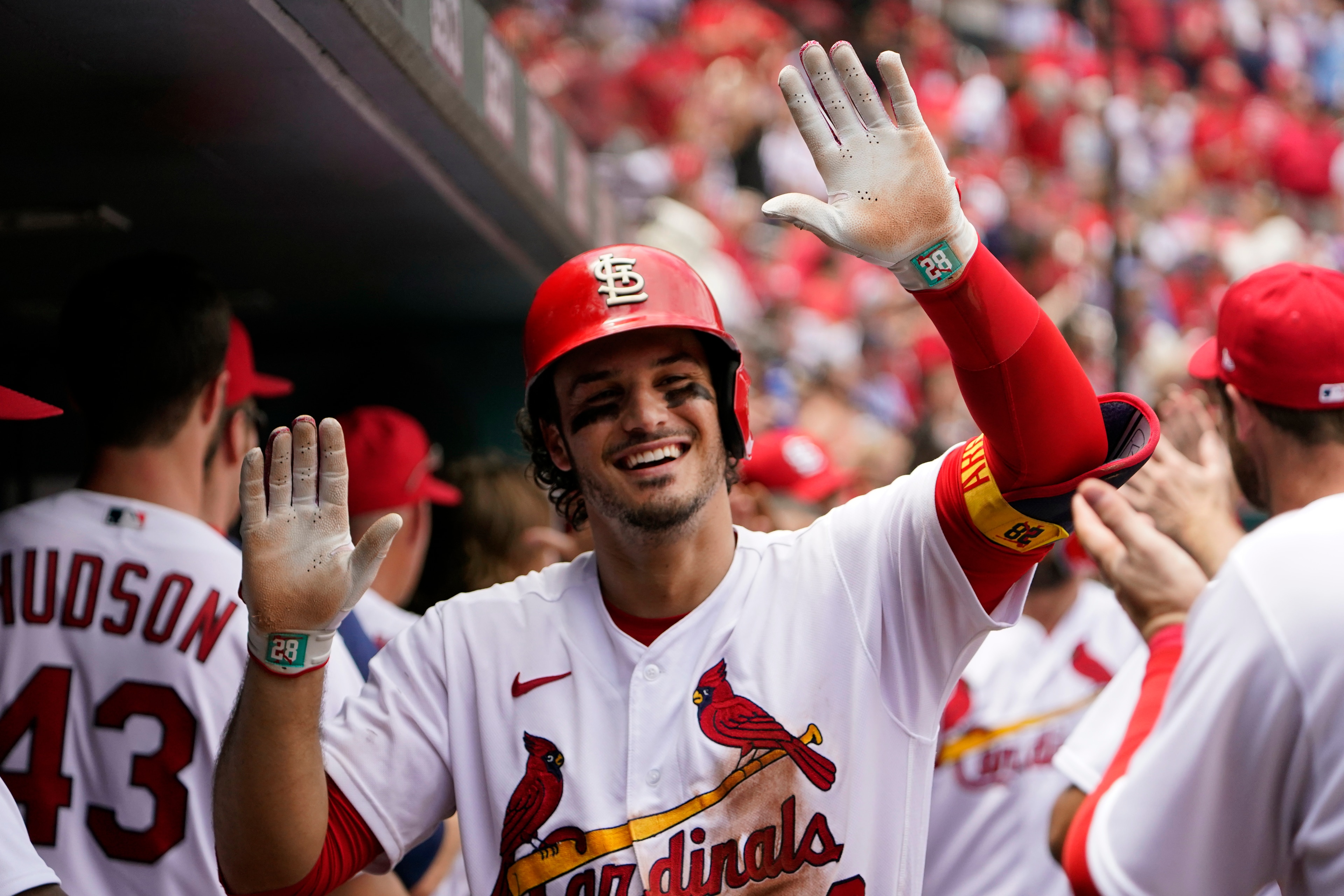 St. Louis Cardinals' Nolan Arenado is celebrates after hitting a two-run home run during the sixth inning of a baseball game against the San Diego Padres Wednesday, June 1, 2022, in St. Louis. (AP Photo/Jeff Roberson) St. Louis Cardinals' Nolan Arenado is celebrates after hitting a two-run home run during the sixth inning of a baseball game against the San Diego Padres Wednesday, June 1, 2022, in St. Louis. (AP Photo/Jeff Roberson)