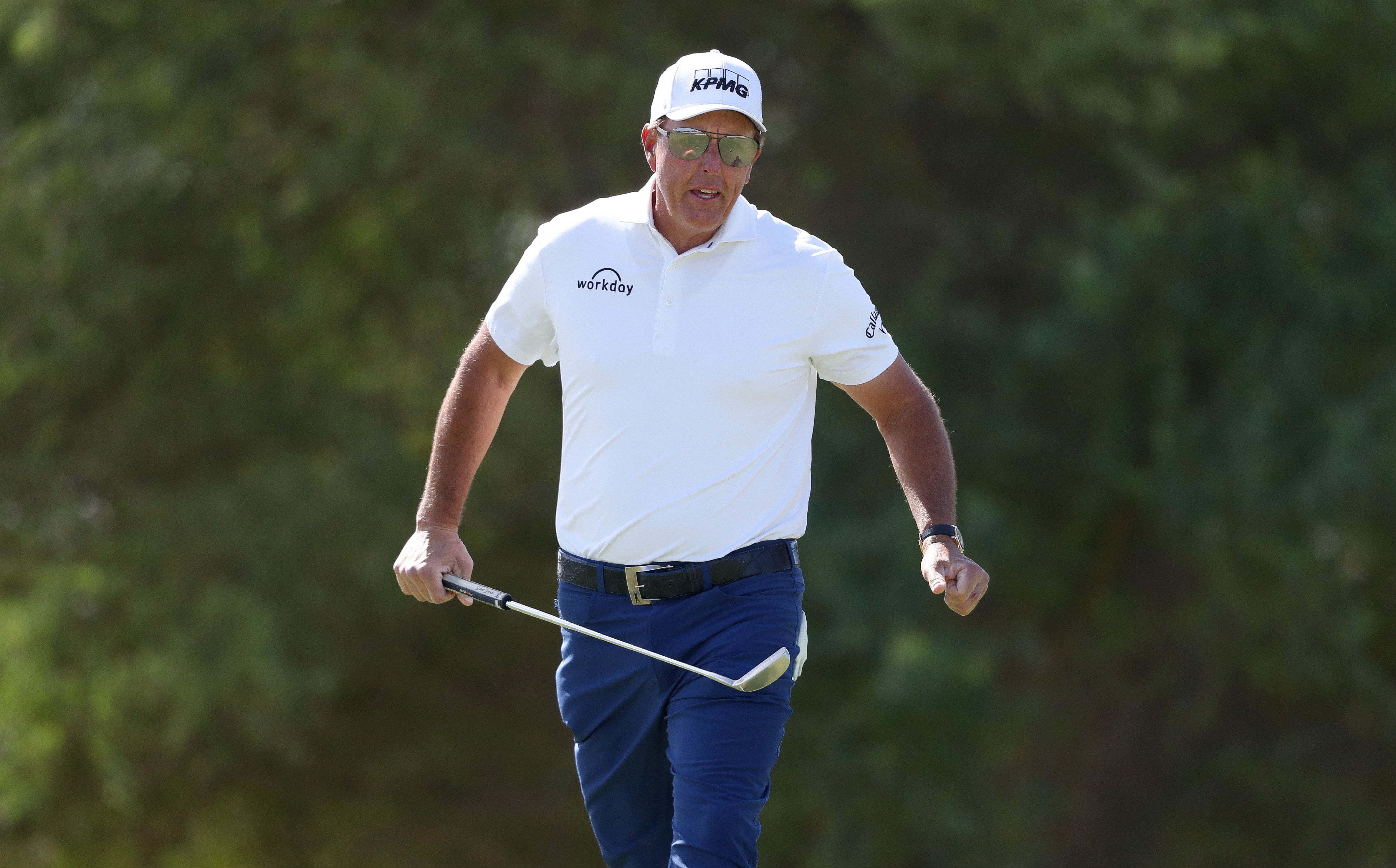 AL MUROOJ, SAUDI ARABIA - FEBRUARY 05: Phil Mickelson of The USA celebrates a birdie putt on the first hole during day three of the PIF Saudi International at Royal Greens Golf & Country Club on February 05, 2022 in Al Murooj, Saudi Arabia. (Photo by Oisin Keniry/Getty Images)