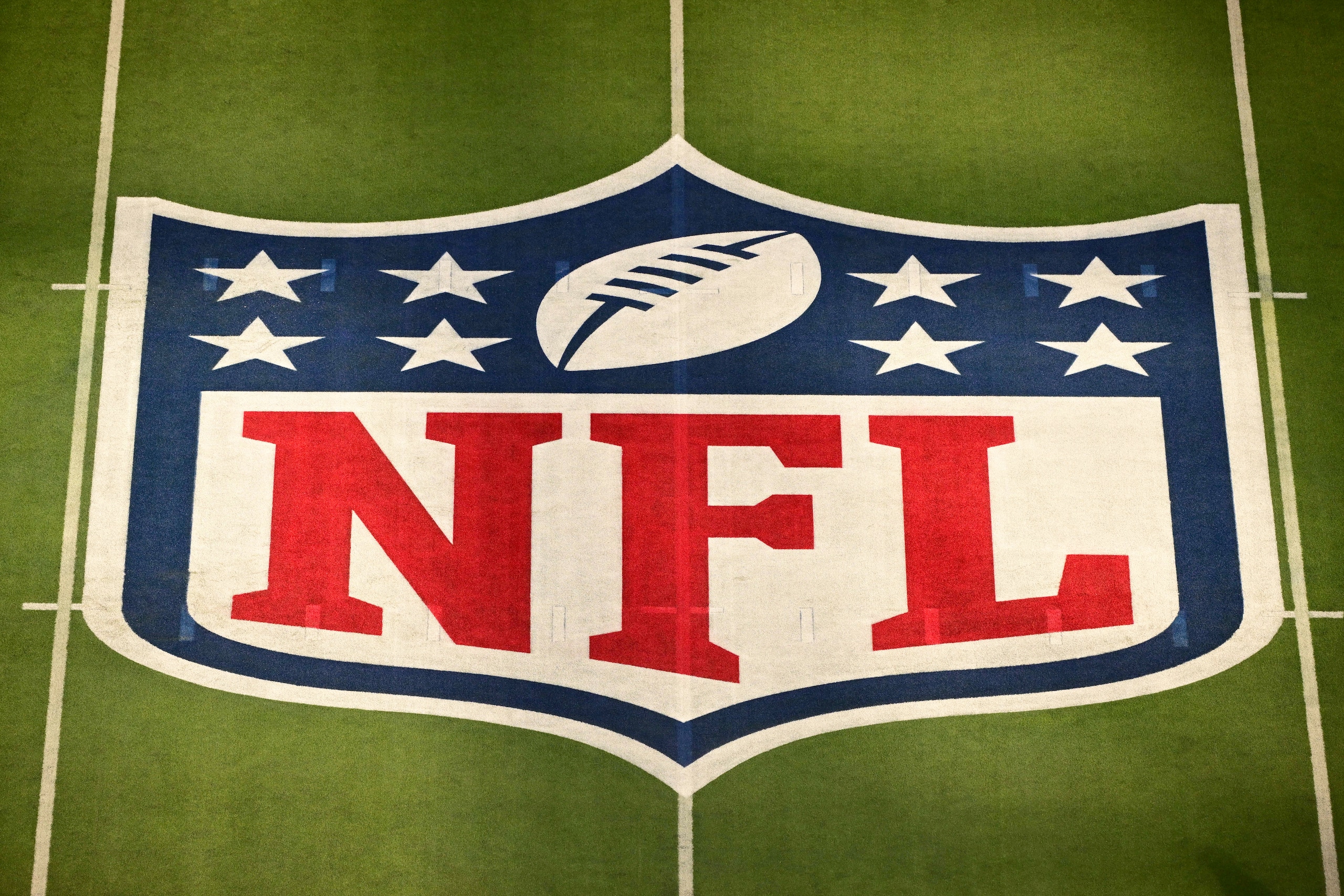 Football: Super Bowl LVI: Aerial view of NFL logo on field before Los Angeles Rams vs Cincinnati Bengals game at SoFi Stadium. Inglewood, CA 2/13/2022 CREDIT: Kohjiro Kinno (Photo by Kohjiro Kinno/Sports Illustrated via Getty Images) (Set Number: X163971 TK1)