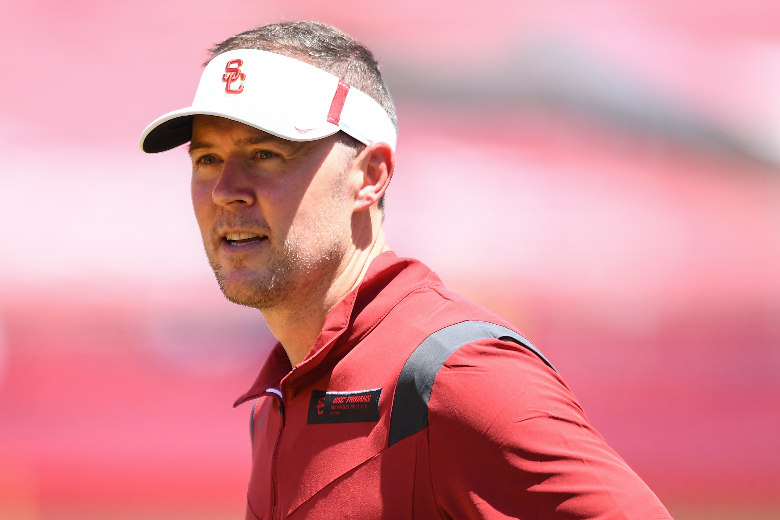 LOS ANGELES, CA - APRIL 23: USC Trojans head coach Lincoln Riley looks on during USC Trojans Spring Game on April 23, 2022, at Los Angeles Memorial Coliseum in Los Angeles, CA. (Photo by Brian Rothmuller/Icon Sportswire via Getty Images)