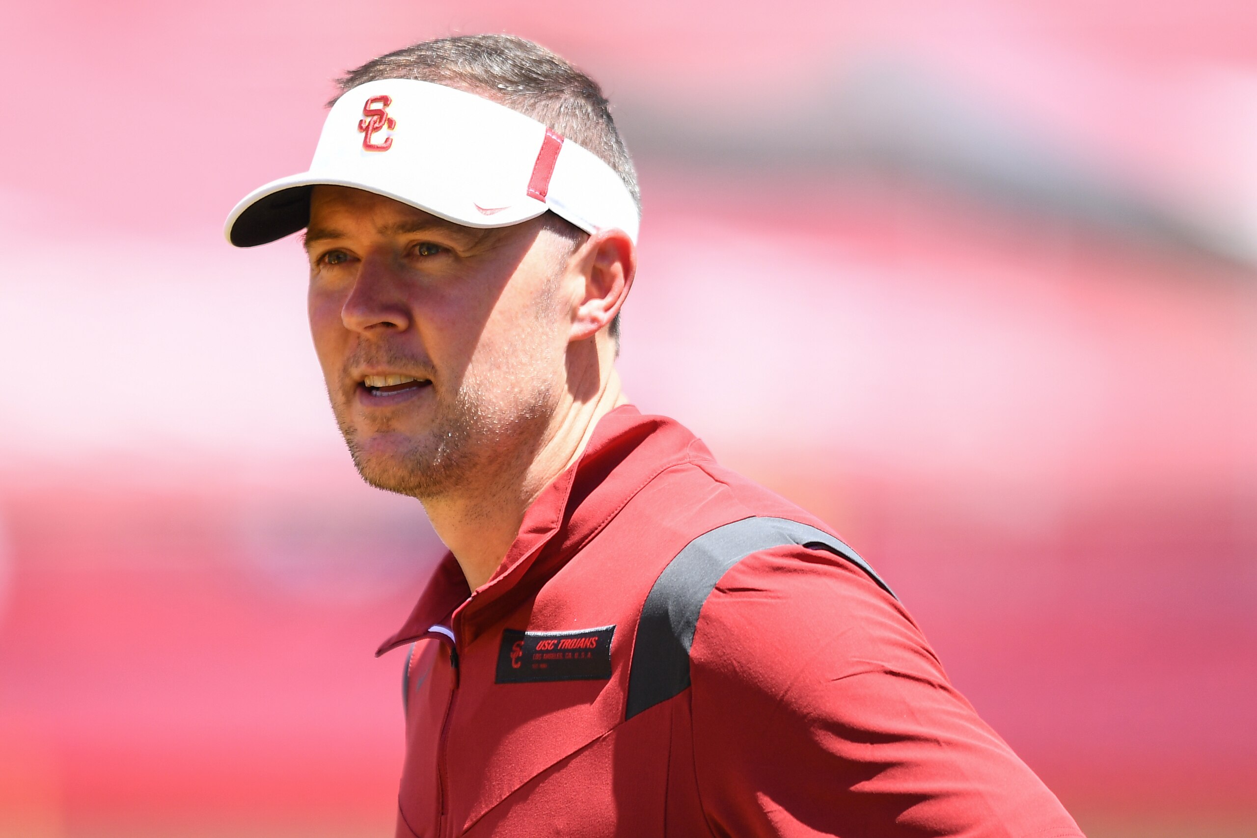 LOS ANGELES, CA - APRIL 23: USC Trojans head coach Lincoln Riley looks on during USC Trojans Spring Game on April 23, 2022, at Los Angeles Memorial Coliseum in Los Angeles, CA. (Photo by Brian Rothmuller/Icon Sportswire via Getty Images)