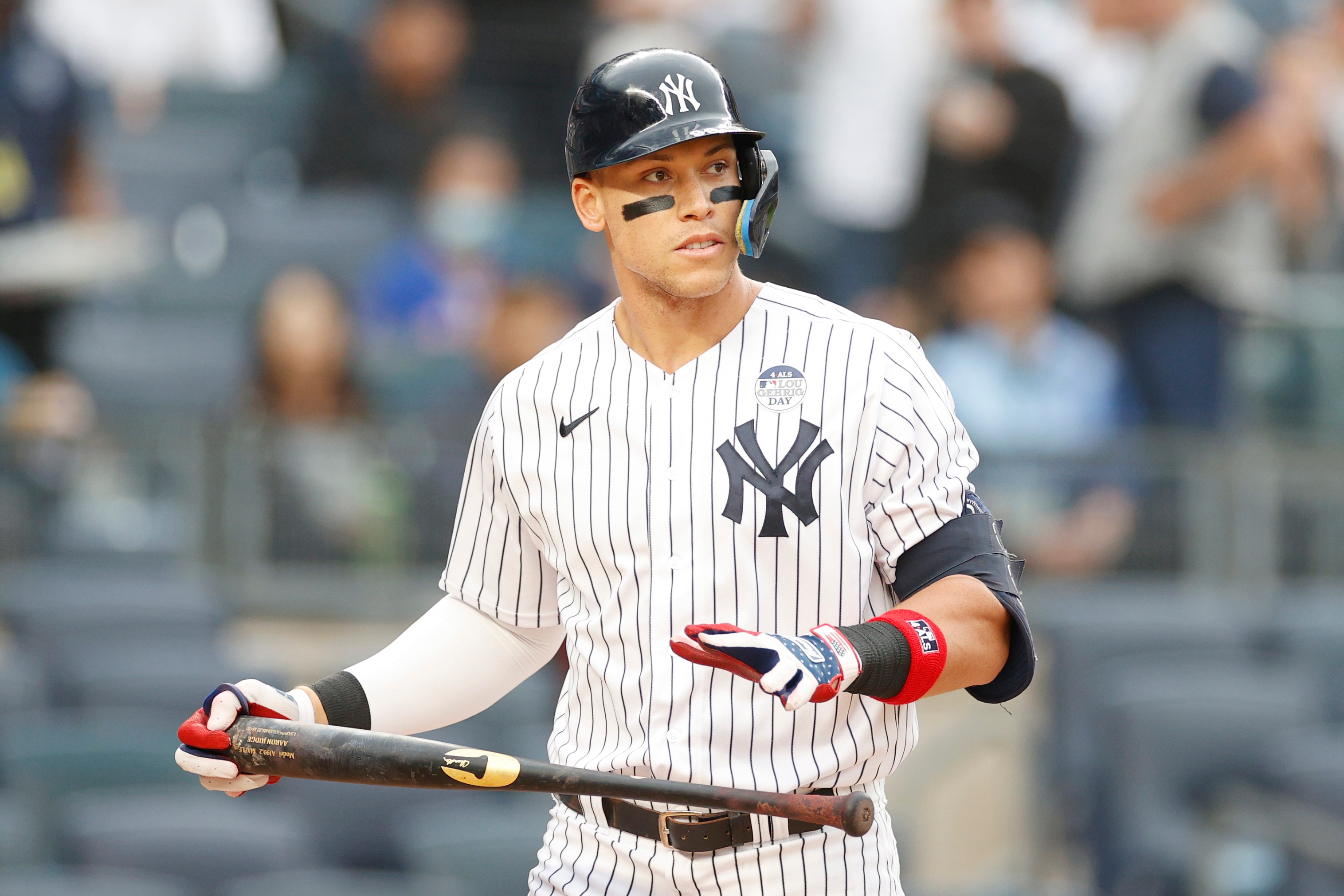 NEW YORK, NEW YORK - JUNE 02: Aaron Judge #99 of the New York Yankees at bat during the first inning of Game Two of a doubleheader against the Los Angeles Angels at Yankee Stadium on June 02, 2022 in the Bronx borough of New York City. (Photo by Sarah Stier/Getty Images)