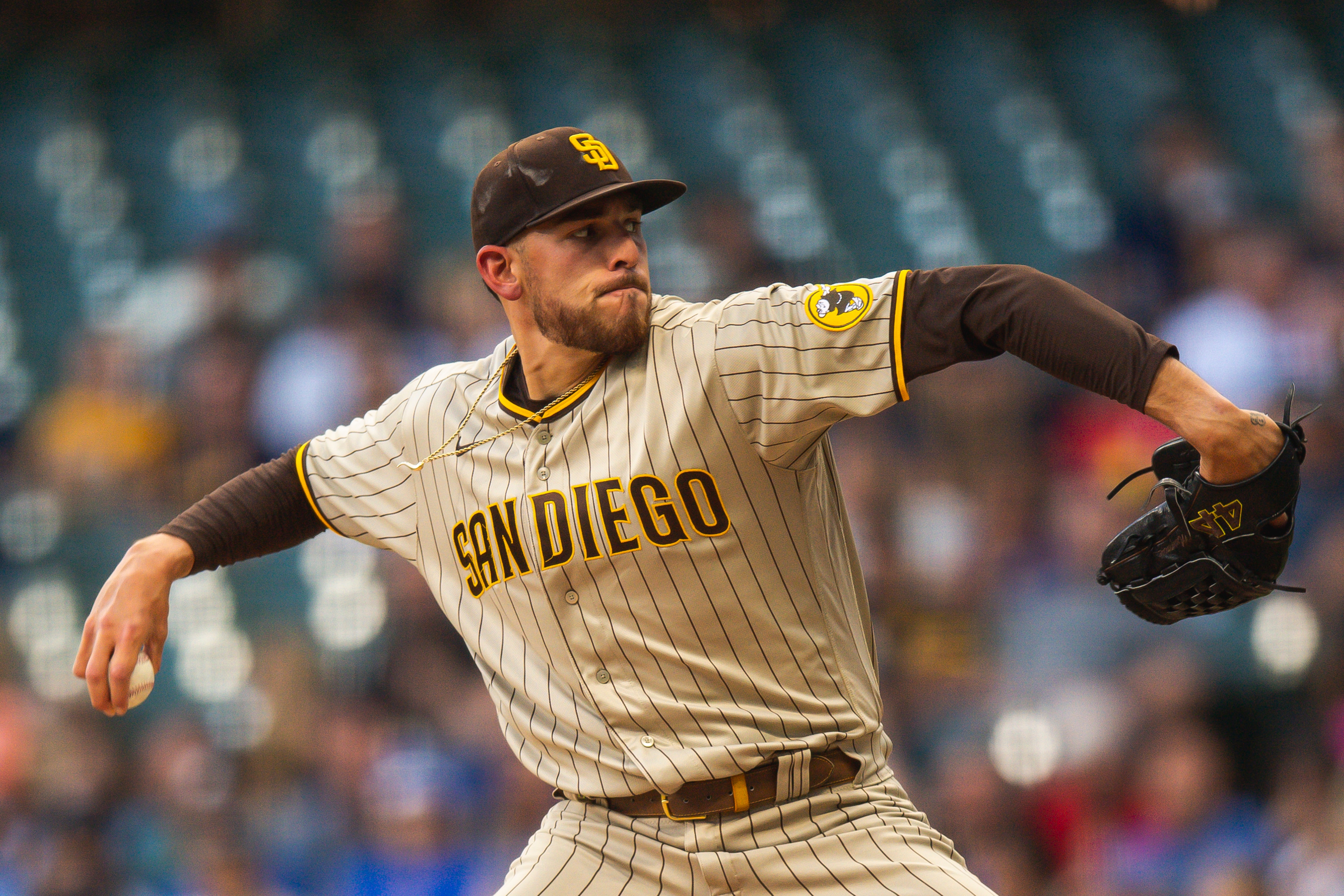 MILWAUKEE, WI - JUNE 3: Joe Musgrove #44 of the San Diego Padres pitches in the first inning against the Milwaukee Brewers at American Family Field on June 3, 2022 in Milwaukee, Wisconsin.(Photo by Matt Thomas/San Diego Padres/Getty Images)