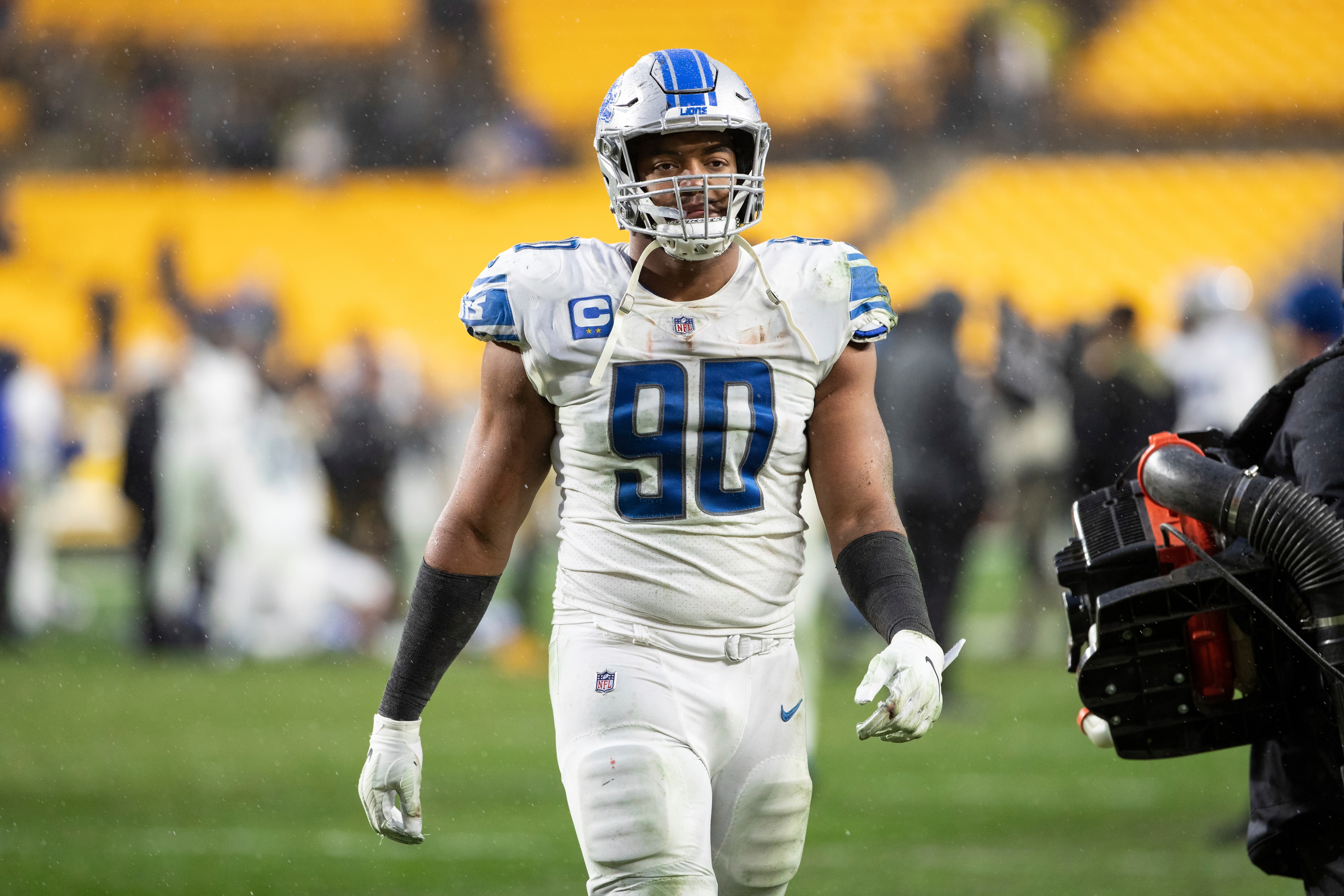 Detroit Lions outside linebacker Trey Flowers (90) walks off the field after an NFL football game, Sunday, November 14, 2021 in Pittsburgh. (AP Photo/Matt Durisko)
