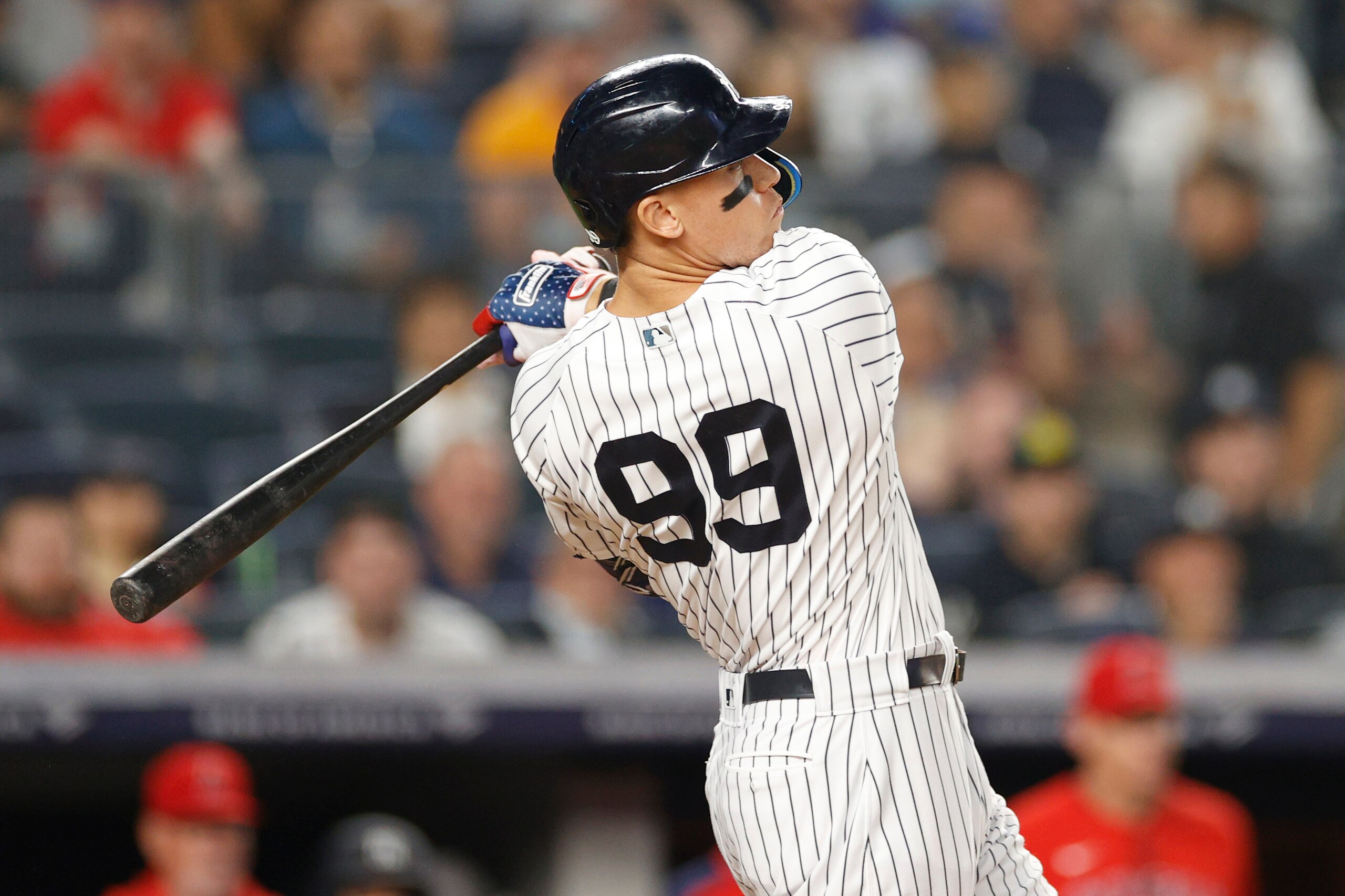 NEW YORK, NEW YORK - JUNE 02: Aaron Judge #99 of the New York Yankees at bat during the seventh inning of Game Two of a doubleheader against the Los Angeles Angels at Yankee Stadium on June 02, 2022 in the Bronx borough of New York City. (Photo by Sarah Stier/Getty Images)