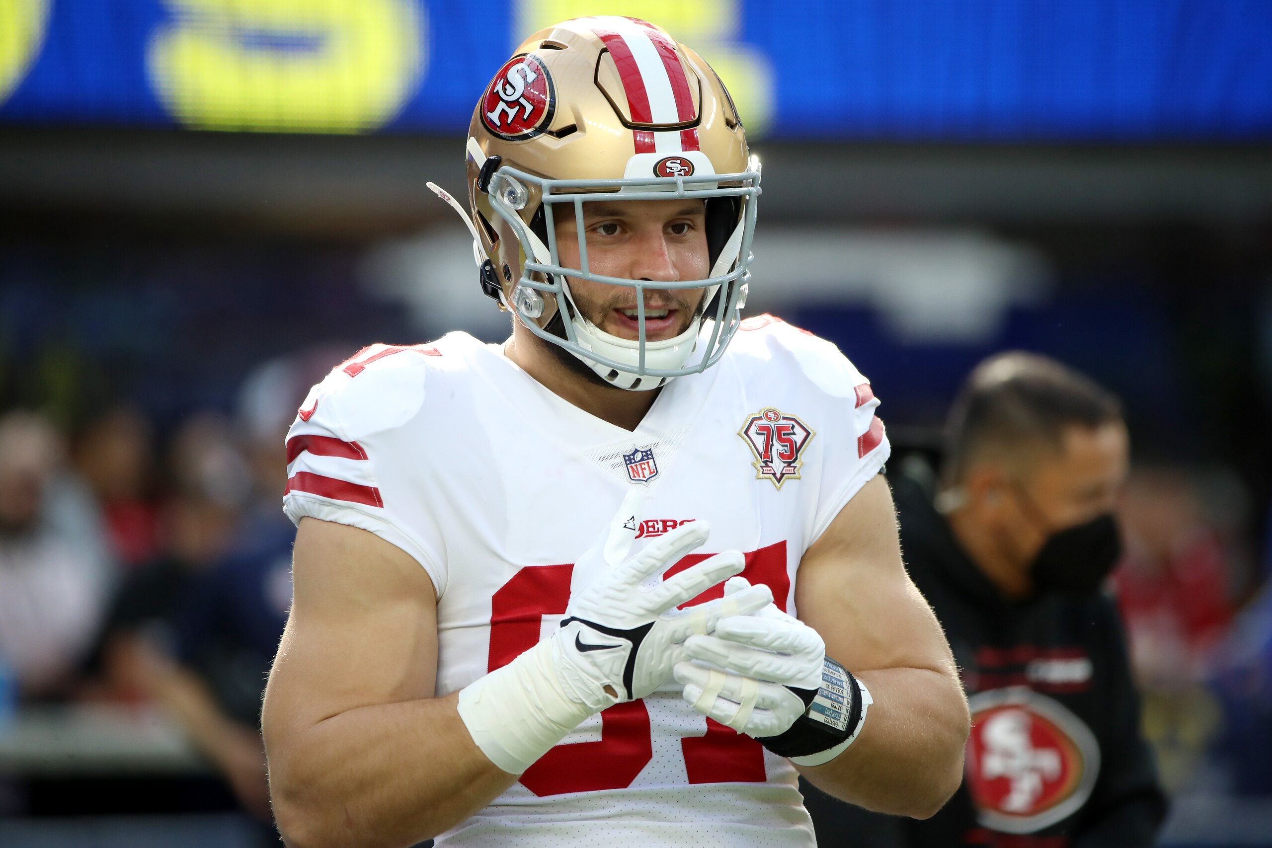 INGLEWOOD, CALIFORNIA - JANUARY 09: Nick Bosa #97 of the San Francisco 49ers looks on prior to the game against the Los Angeles Rams at SoFi Stadium on January 09, 2022 in Inglewood, California. (Photo by Katelyn Mulcahy/Getty Images)