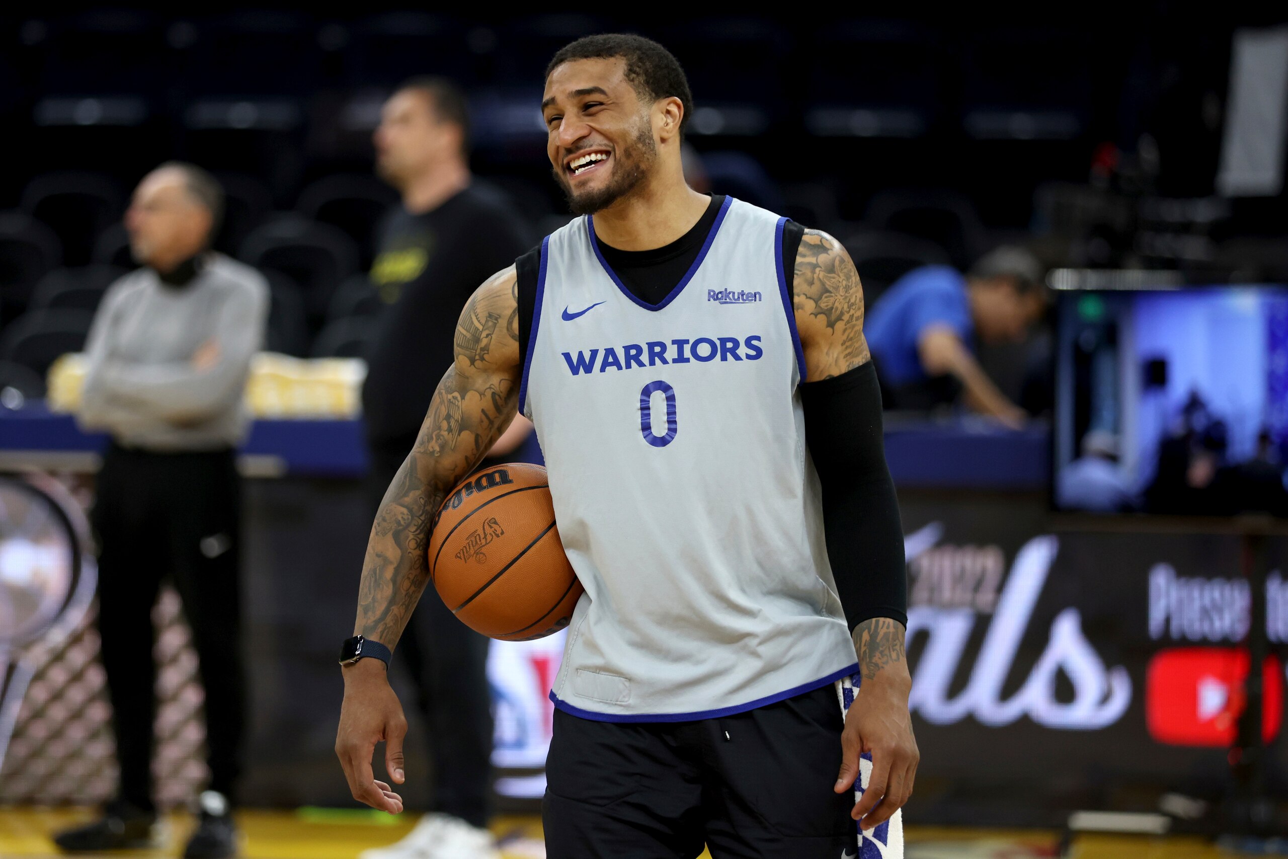 Golden State Warriors guard Gary Payton II (0) smiles during NBA basketball practice in San Francisco, Wednesday, June 1, 2022. The Warriors are scheduled to host the Boston Celtics in Game 1 of the NBA Finals on Thursday. (AP Photo/Jed Jacobsohn)