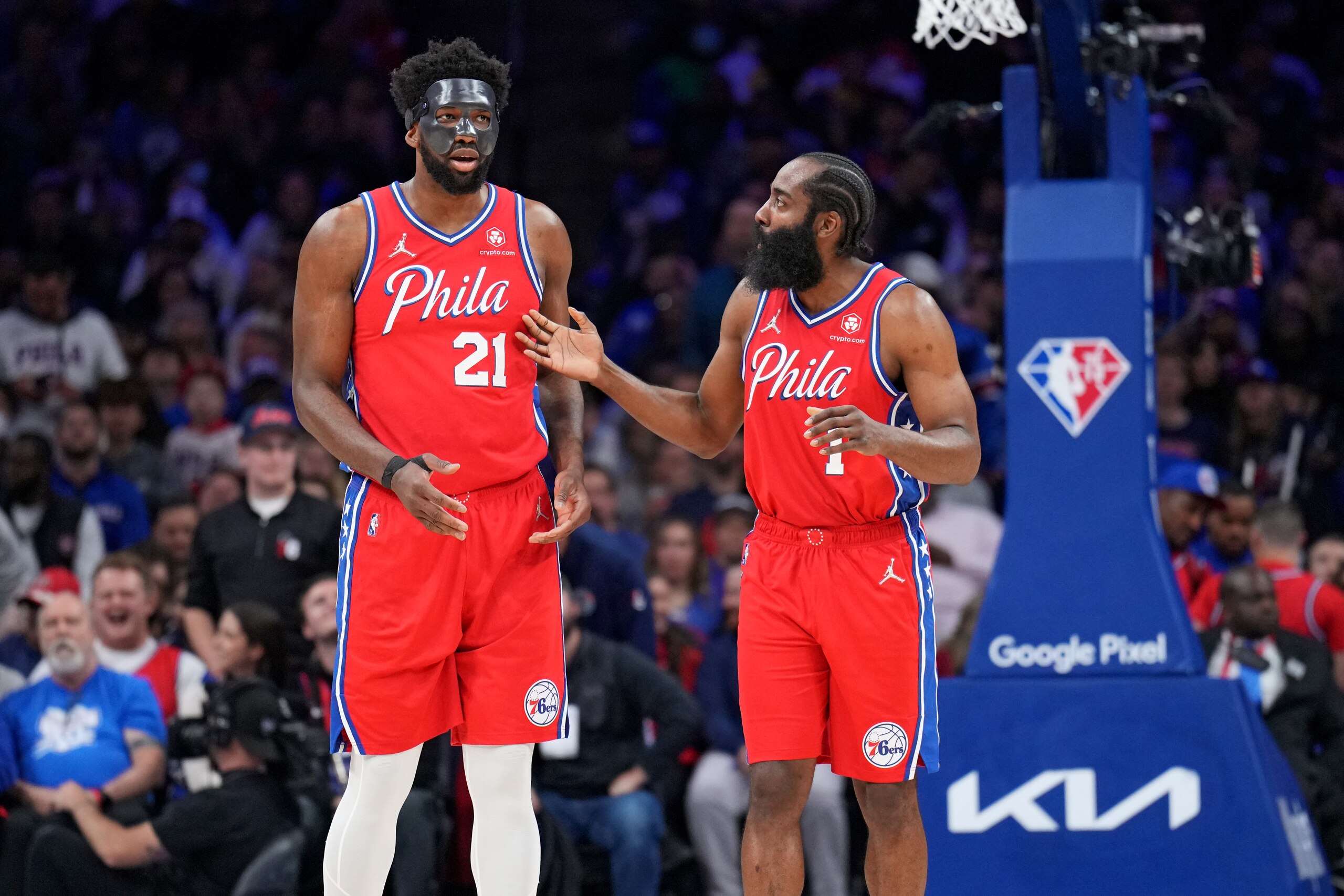 PHILADELPHIA, PA - MAY 8: Joel Embiid #21 of the Philadelphia 76ers and James Harden #1 of the Philadelphia 76ers talk during Game 4 of the 2022 NBA Playoffs Eastern Conference Semifinals on May 8, 2022 at Wells Fargo Center in Philadelphia, Pennsylvania. NOTE TO USER: User expressly acknowledges and agrees that, by downloading and/or using this Photograph, user is consenting to the terms and conditions of the Getty Images License Agreement. Mandatory Copyright Notice: Copyright 2022 NBAE (Photo by Jesse D. Garrabrant/NBAE via Getty Images) PHILADELPHIA, PA - MAY 8: Joel Embiid #21 of the Philadelphia 76ers and James Harden #1 of the Philadelphia 76ers talk during Game 4 of the 2022 NBA Playoffs Eastern Conference Semifinals on May 8, 2022 at Wells Fargo Center in Philadelphia, Pennsylvania. NOTE TO USER: User expressly acknowledges and agrees that, by downloading and/or using this Photograph, user is consenting to the terms and conditions of the Getty Images License Agreement. Mandatory Copyright Notice: Copyright 2022 NBAE (Photo by Jesse D. Garrabrant/NBAE via Getty Images)