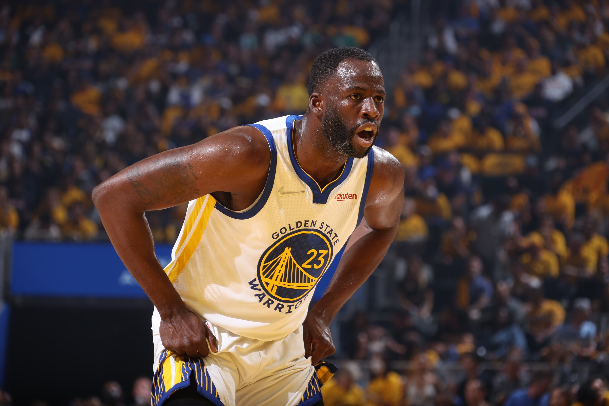 SAN FRANCISCO, CA - JUNE 5: Draymond Green #23 of the Golden State Warriors plays defense on against the Boston Celtics during Game Two of the 2022 NBA Finals on June 5, 2022 at Chase Center in San Francisco, California. NOTE TO USER: User expressly acknowledges and agrees that, by downloading and or using this photograph, user is consenting to the terms and conditions of Getty Images License Agreement. Mandatory Copyright Notice: Copyright 2022 NBAE (Photo by Nathaniel S. Butler/NBAE via Getty Images)