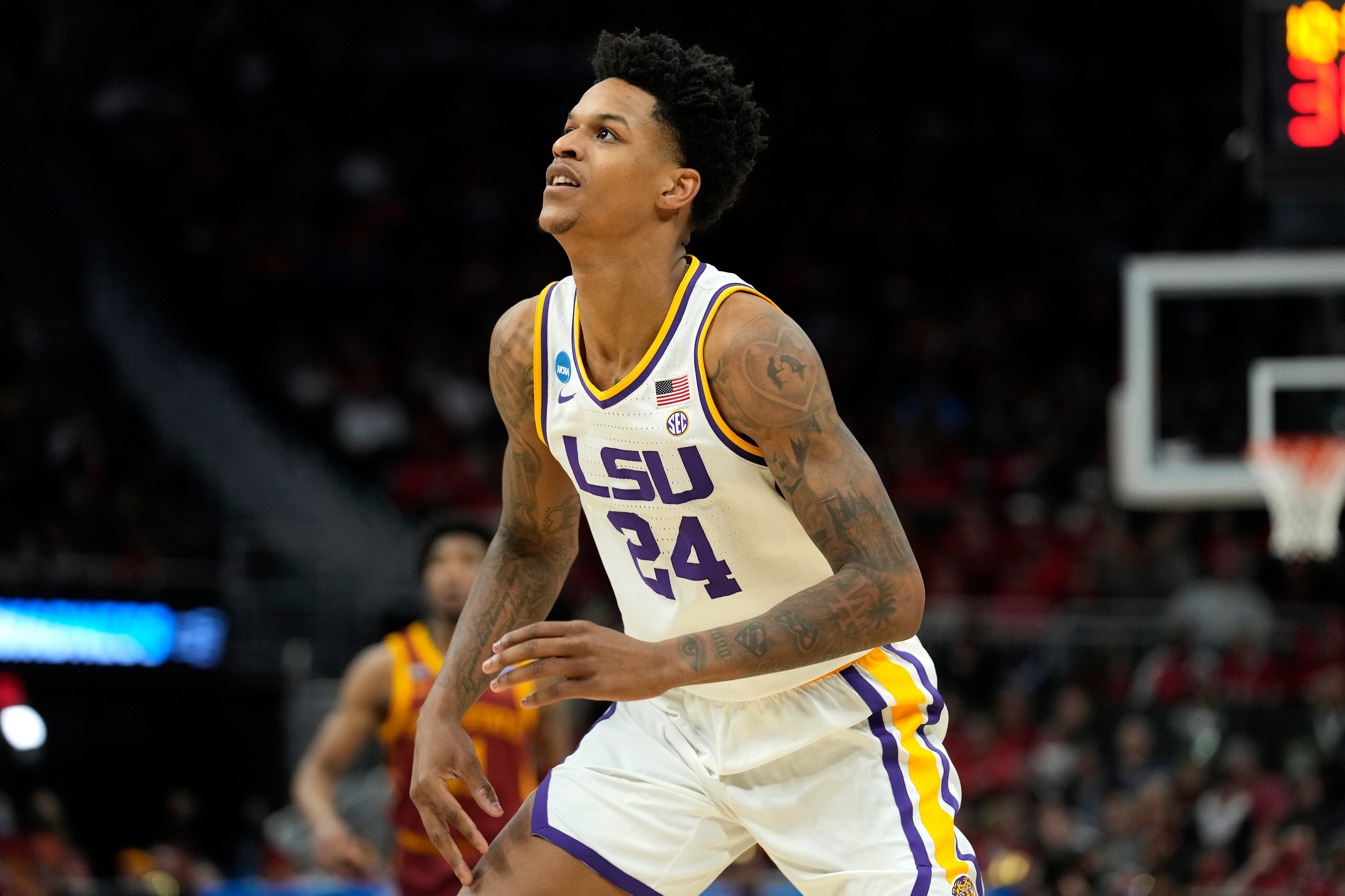 MILWAUKEE, WISCONSIN - MARCH 18: Shareef O'Neal #24 of the LSU Tigers looks on against the Iowa State Cyclones in the first half during the first round of the 2022 NCAA Men's Basketball Tournament at Fiserv Forum on March 18, 2022 in Milwaukee, Wisconsin. (Photo by Patrick McDermott/Getty Images)