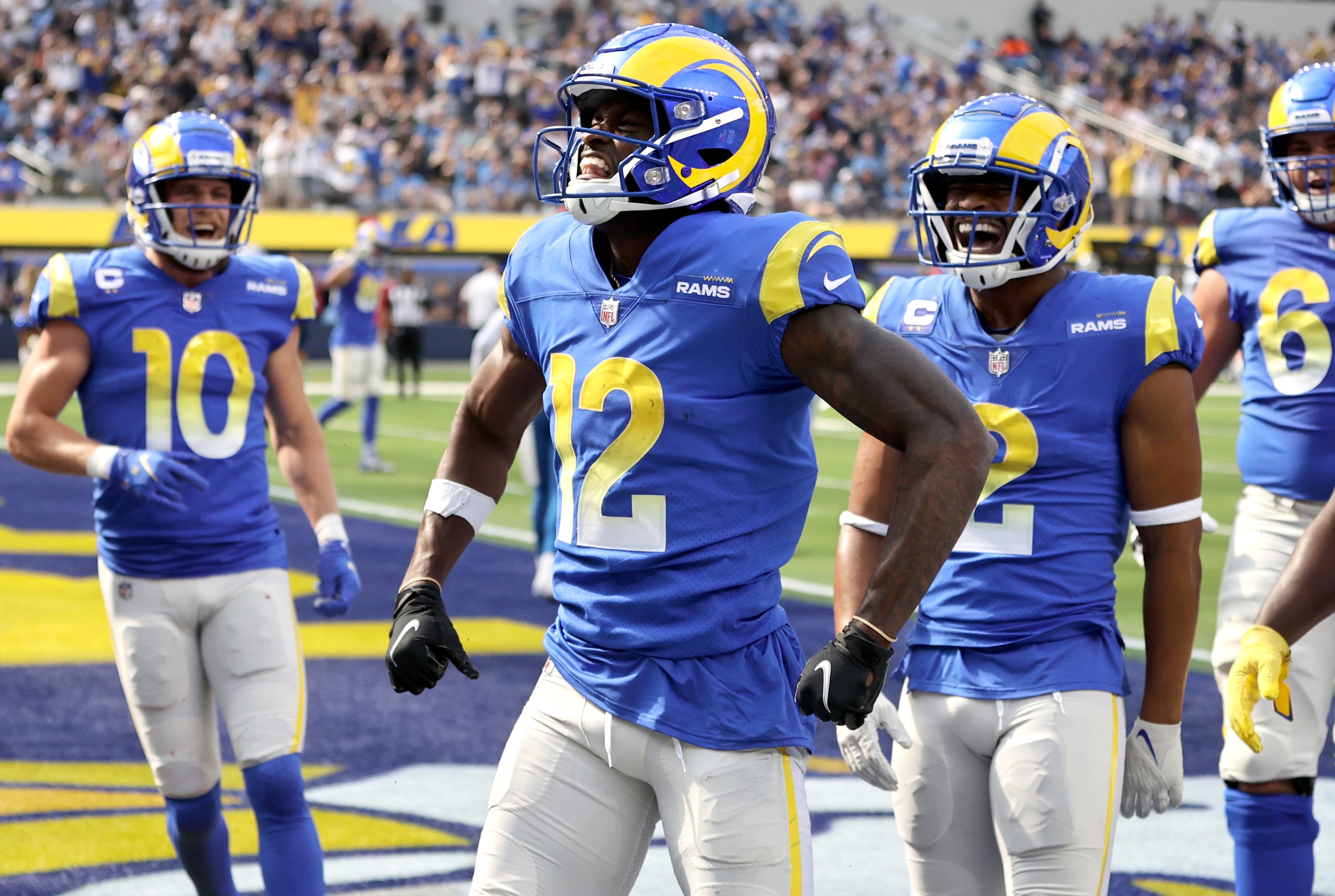 INGLEWOOD, CALIFORNIA - OCTOBER 24: Van Jefferson #12 of the Los Angeles Rams celebrates a touchdown during the first half in the game against the Detroit Lions at SoFi Stadium on October 24, 2021 in Inglewood, California. (Photo by Sean M. Haffey/Getty Images)