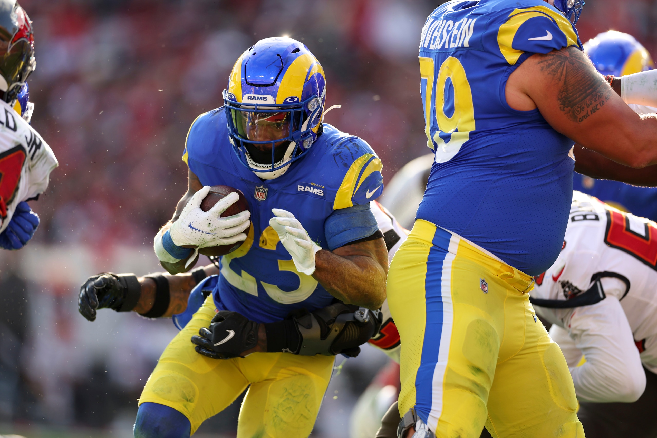 Football: NFL Playoffs:  Los Angeles Rams Cam Akers (23) in action, rushing vs Tampa Bay Buccaneers at Raymond James Stadium. Tampa, FL 1/23/2022 CREDIT: Simon Bruty (Photo by Simon Bruty/Sports Illustrated via Getty Images) (Set Number: X163913 TK1)