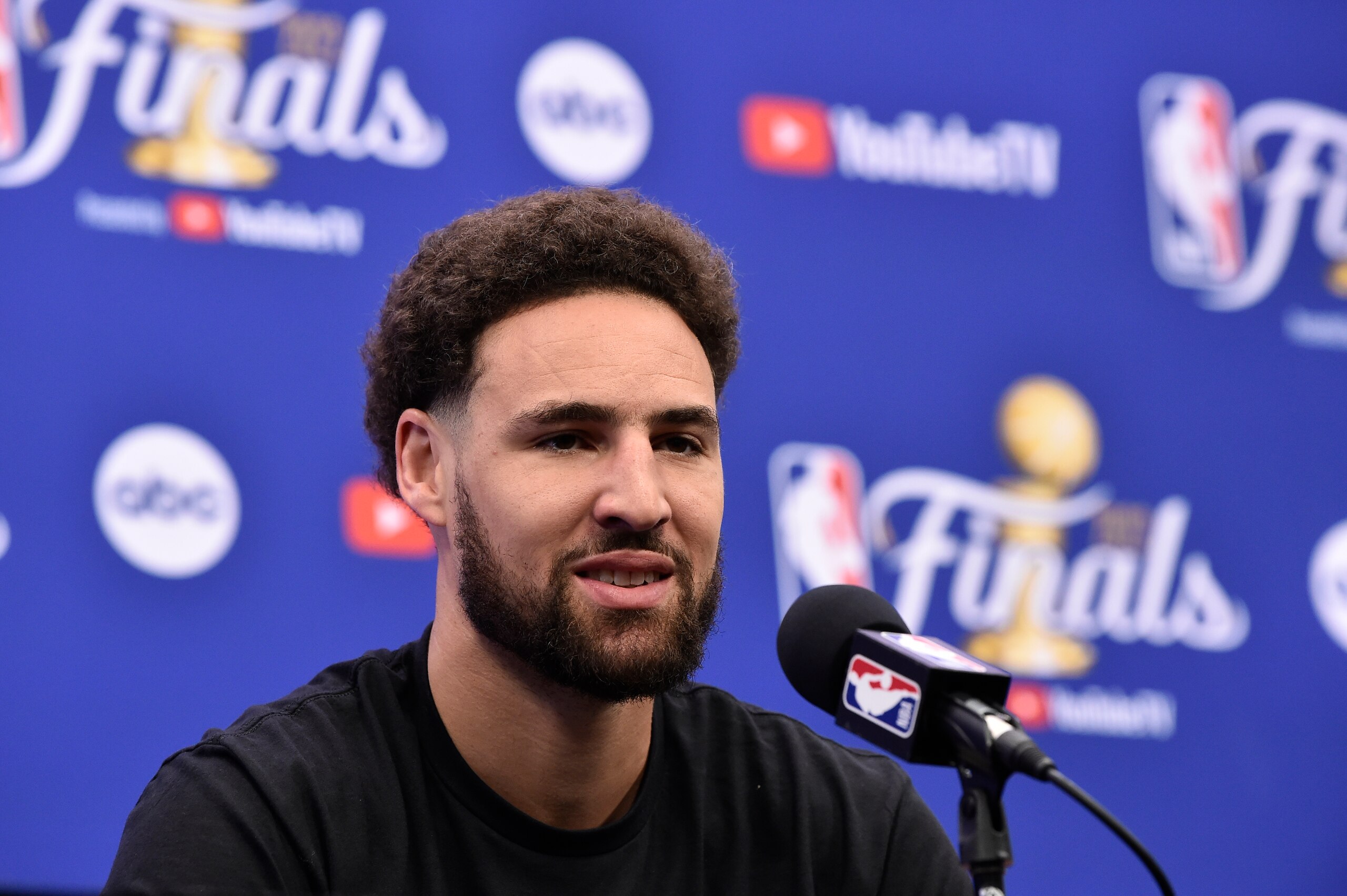 SAN FRANCISCO, CA - JUNE 7: Klay Thompson #11 of the Golden State Warriors speaks to the media during practice and media availability as part of the 2022 NBA Finals on June 7, 2022 at TD Garden in Boston, Massachusetts. NOTE TO USER: User expressly acknowledges and agrees that, by downloading and or using this photograph, User is consenting to the terms and conditions of the Getty Images License Agreement. Mandatory Copyright Notice: Copyright 2022 NBAE (Photo by David Dow/NBAE via Getty Images)