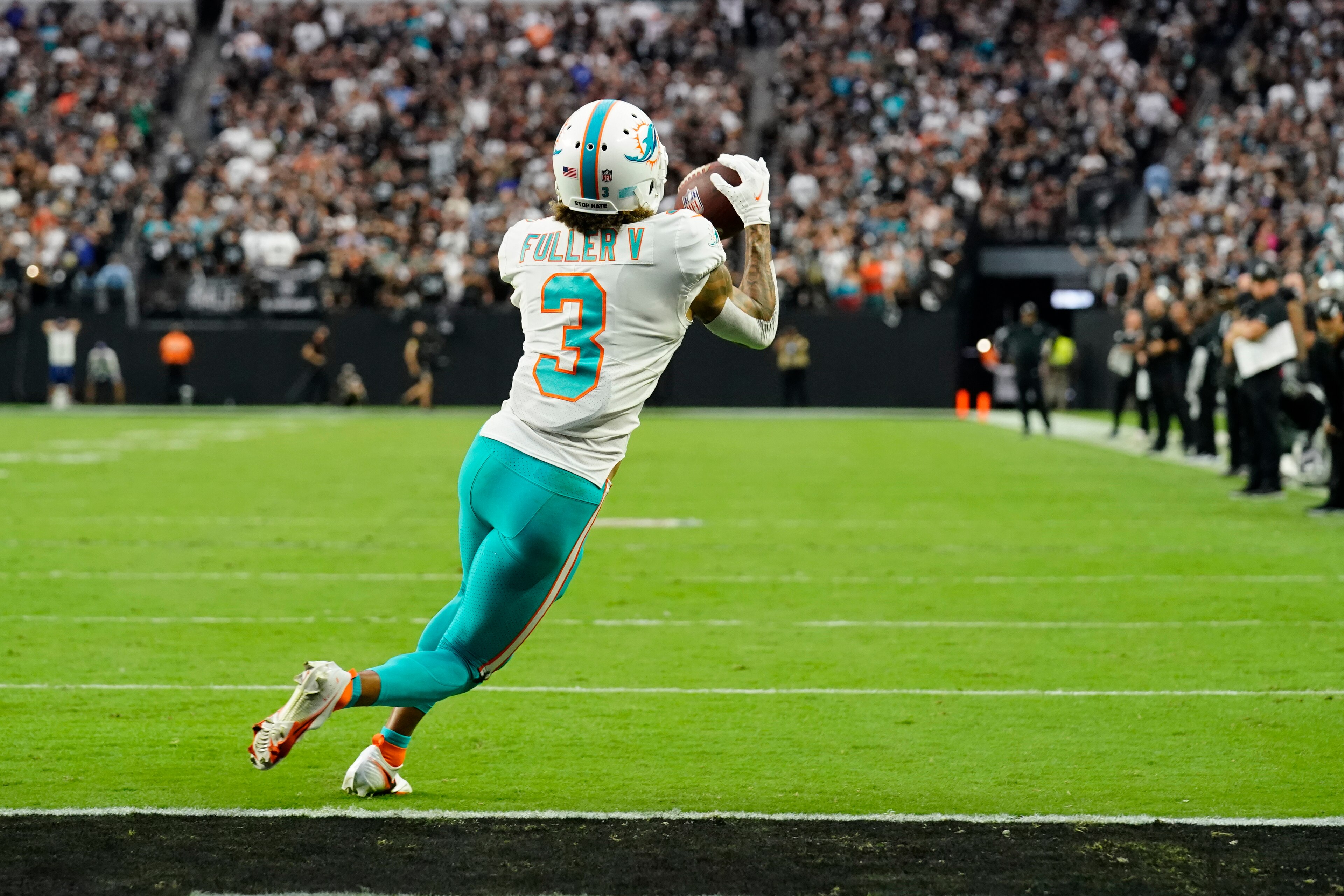 Miami Dolphins wide receiver Will Fuller (3) makes a catch for a two-point conversion against the Las Vegas Raiders during the second half of an NFL football game, Sunday, Sept. 26, 2021, in Las Vegas. (AP Photo/Rick Scuteri) Miami Dolphins wide receiver Will Fuller (3) makes a catch for a two-point conversion against the Las Vegas Raiders during the second half of an NFL football game, Sunday, Sept. 26, 2021, in Las Vegas. (AP Photo/Rick Scuteri)
