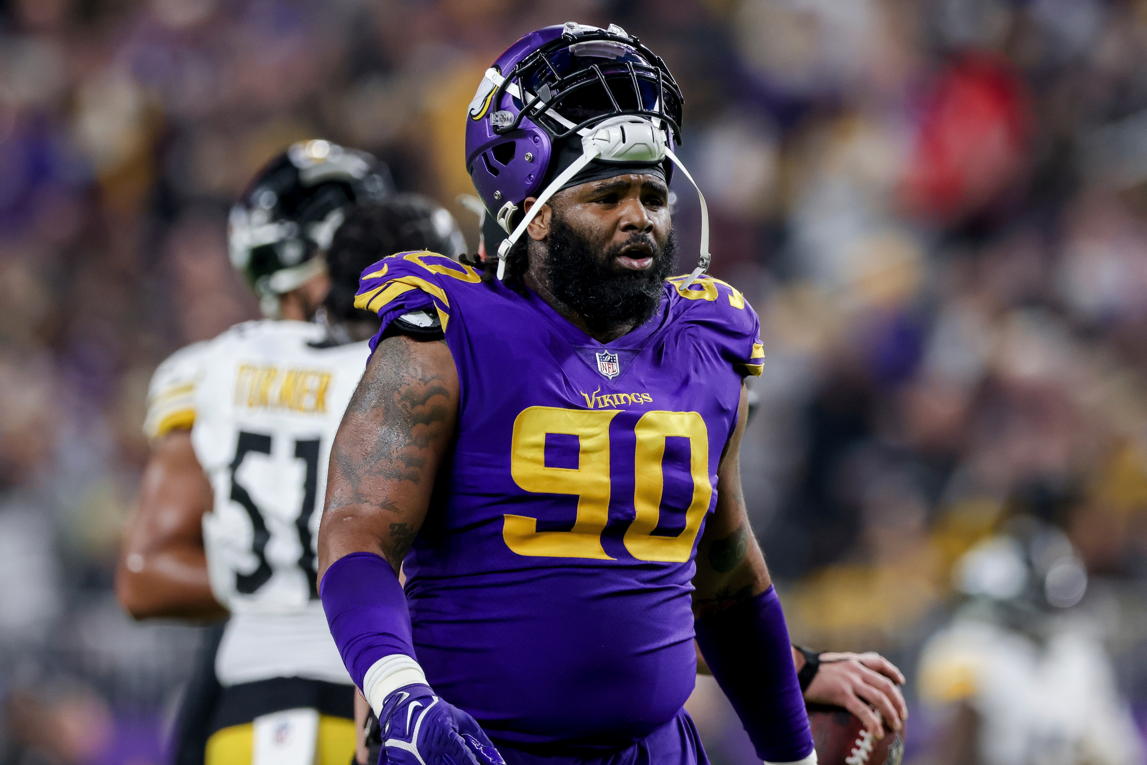 Minnesota Vikings defensive tackle Sheldon Richardson (90) during the second half of an NFL football game against the Pittsburgh Steelers, Thursday, Dec. 9, 2021 in Minneapolis. Minnesota won 36-28. (AP Photo/Stacy Bengs) Minnesota Vikings defensive tackle Sheldon Richardson (90) during the second half of an NFL football game against the Pittsburgh Steelers, Thursday, Dec. 9, 2021 in Minneapolis. Minnesota won 36-28. (AP Photo/Stacy Bengs)
