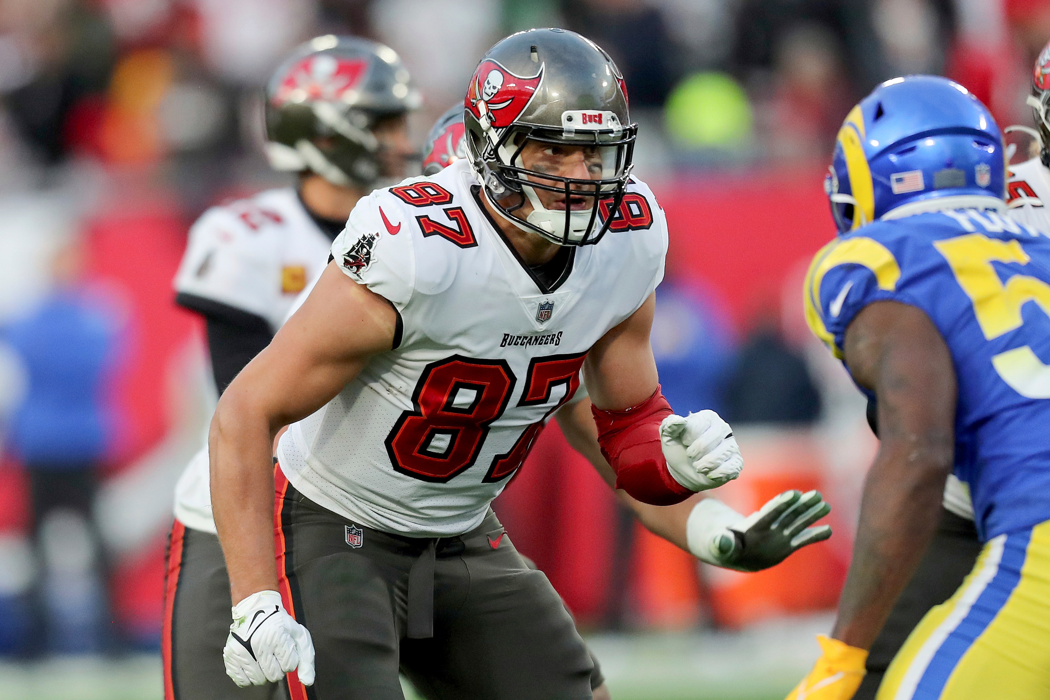 Tampa Bay Buccaneers tight end Rob Gronkowski (87) runs his route during a NFL divisional playoff football game between the Los Angeles Rams and Tampa Bay Buccaneers, Sunday, January 23, 2022 in Tampa, Fla. (AP Photo/Alex Menendez)