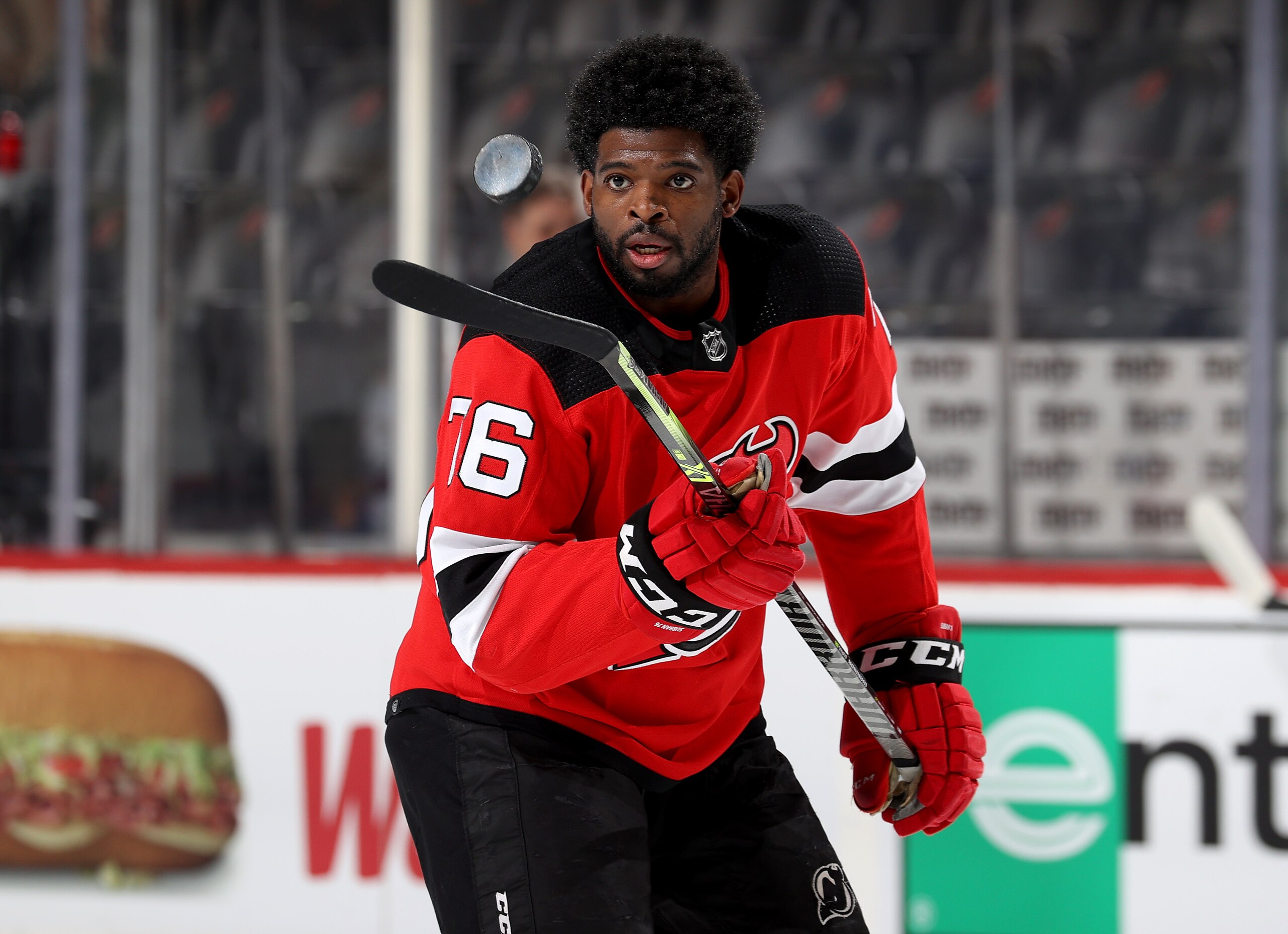 NEWARK, NEW JERSEY - APRIL 21: P.K. Subban #76 of the New Jersey Devils bounces the puck during warm ups before the game against the Buffalo Sabres at Prudential Center on April 21, 2022 in Newark, New Jersey. (Photo by Elsa/Getty Images) NEWARK, NEW JERSEY - APRIL 21: P.K. Subban #76 of the New Jersey Devils bounces the puck during warm ups before the game against the Buffalo Sabres at Prudential Center on April 21, 2022 in Newark, New Jersey. (Photo by Elsa/Getty Images)