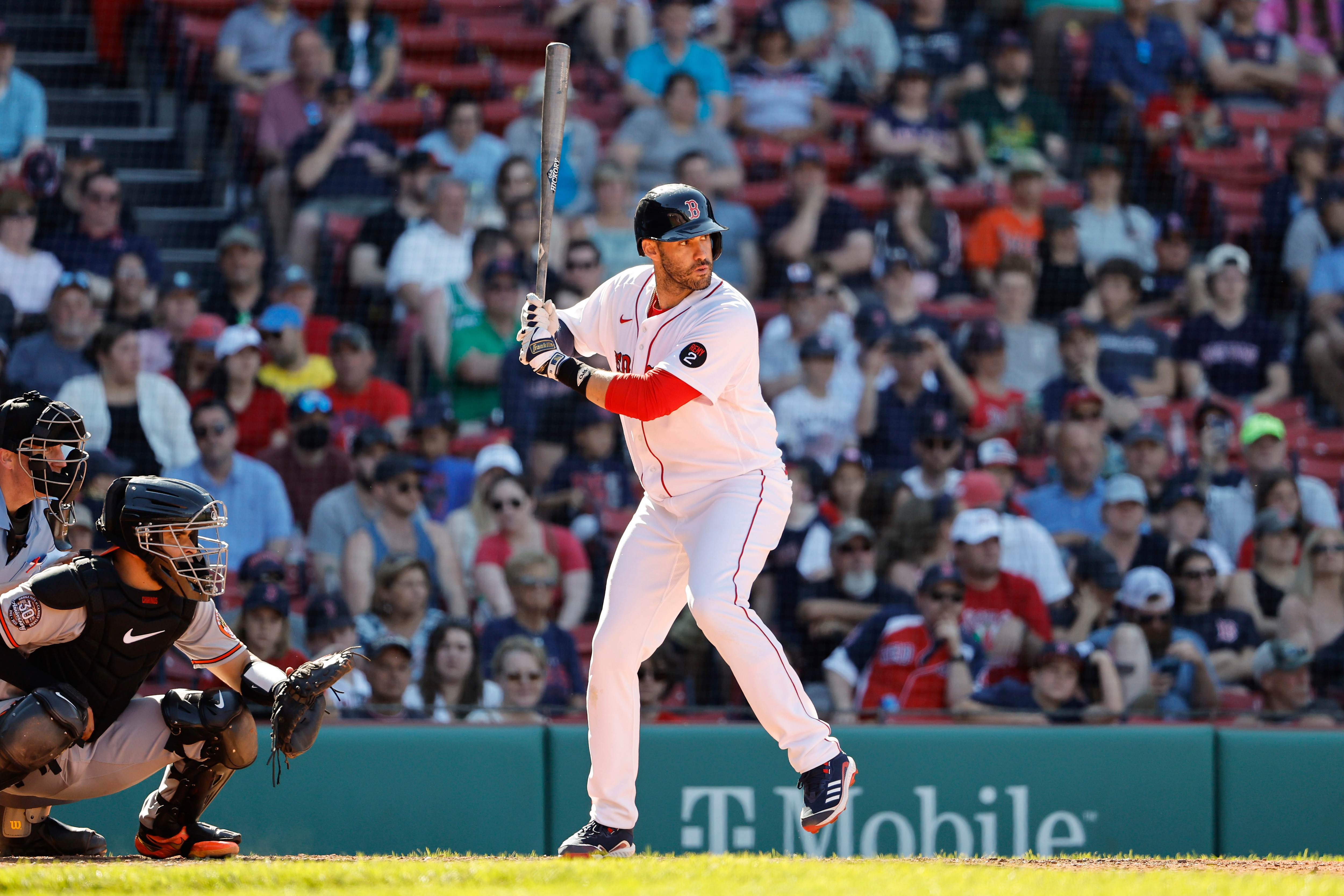 BOSTON, MA - MAY 29: J.D. Martinez #28 of the Boston Red Sox at bat against the Baltimore Orioles during the eighth inning at Fenway Park on May 29, 2022 in Boston, Massachusetts. (Photo By Winslow Townson/Getty Images)