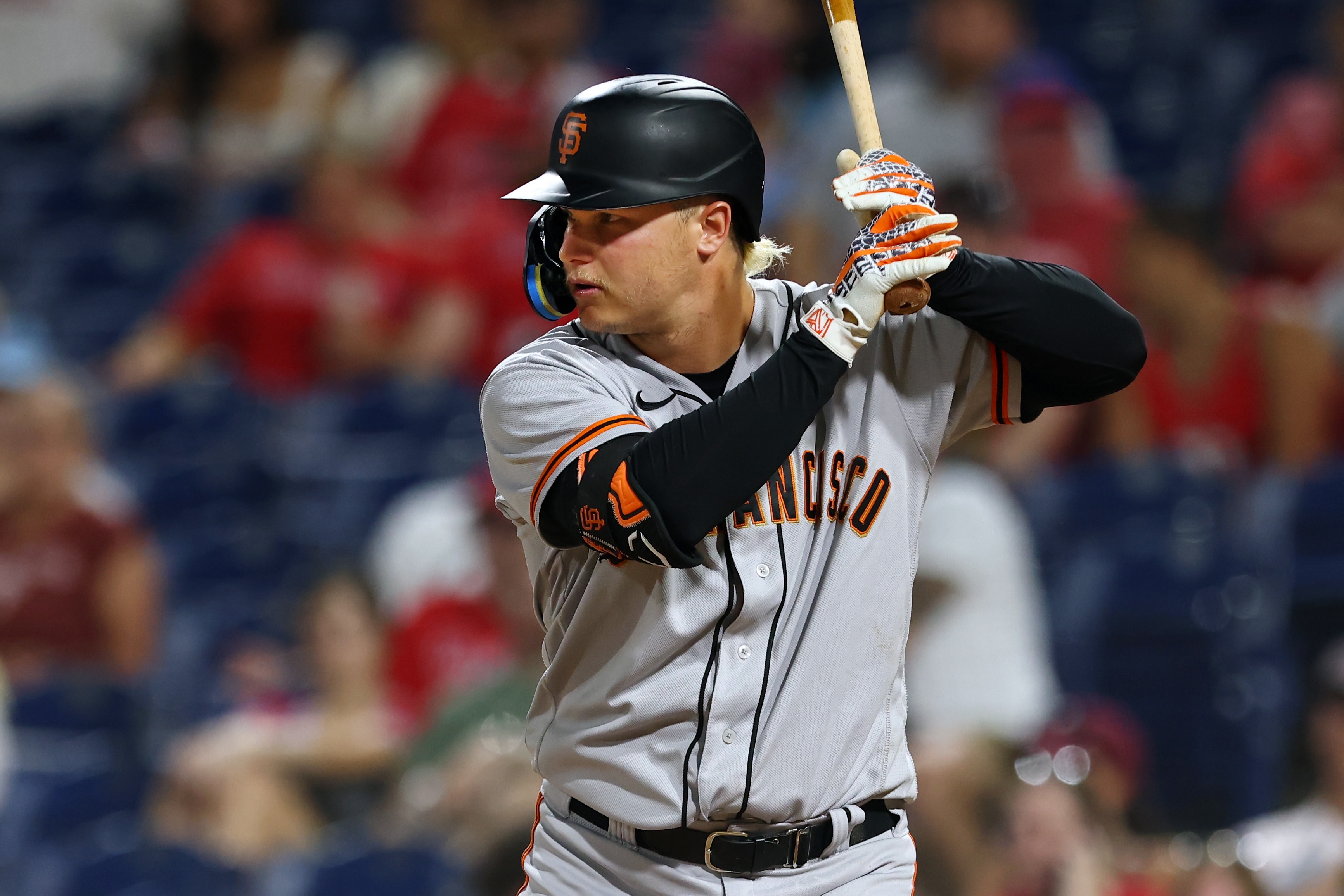 PHILADELPHIA, PA - MAY 31: Joc Pederson #23 of the San Francisco Giants in action during a game against the Philadelphia Phillies at Citizens Bank Park on May 31, 2022 in Philadelphia, Pennsylvania. (Photo by Rich Schultz/Getty Images)