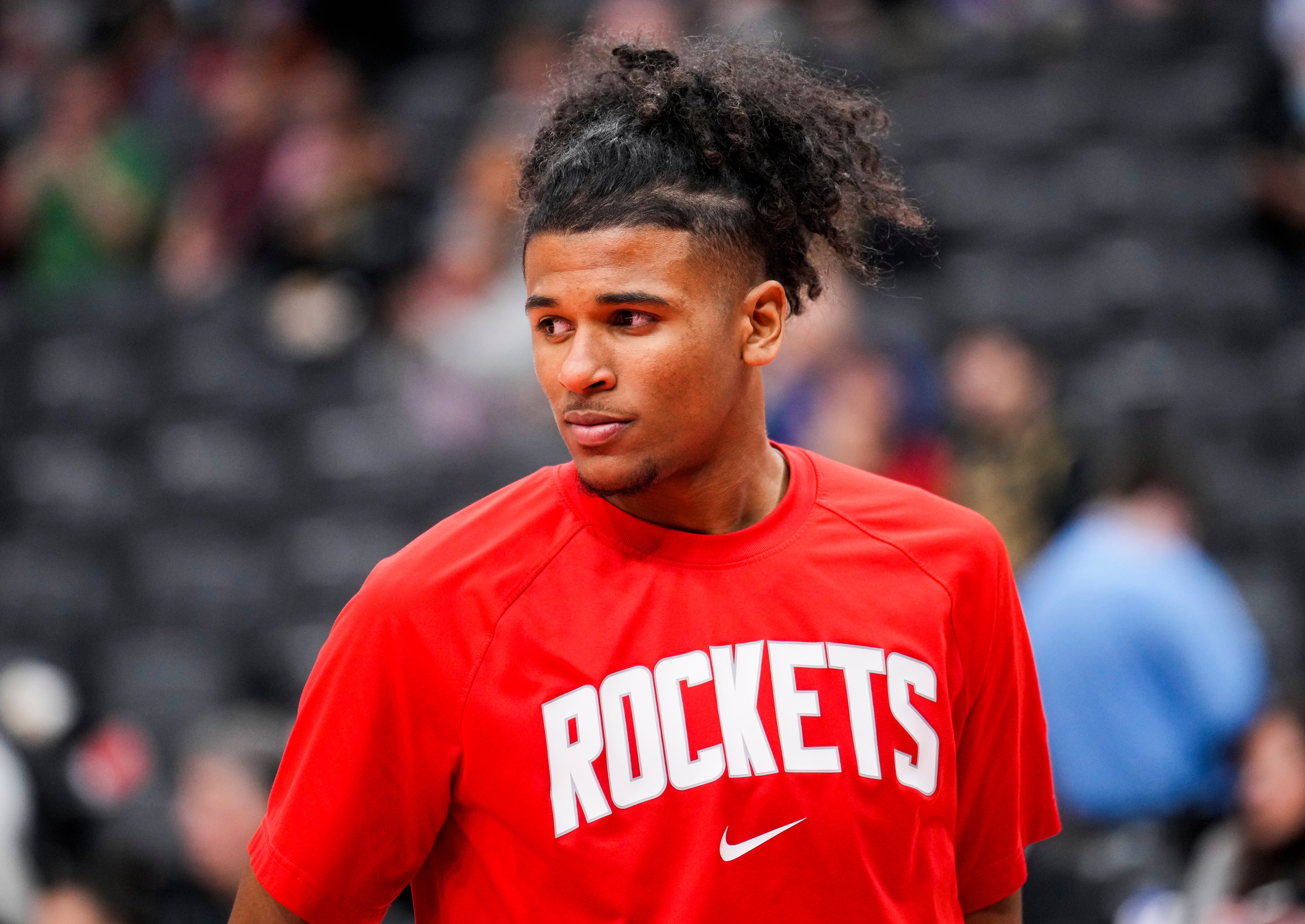 TORONTO, ON - APRIL 8: Jalen Green #0 of the Houston Rockets looks on in warm up before playing the Toronto Raptors in their basketball game at the Scotiabank Arena on April 8, 2022 in Toronto, Ontario, Canada. NOTE TO USER: User expressly acknowledges and agrees that, by downloading and/or using this Photograph, user is consenting to the terms and conditions of the Getty Images License Agreement. (Photo by Mark Blinch/Getty Images)
