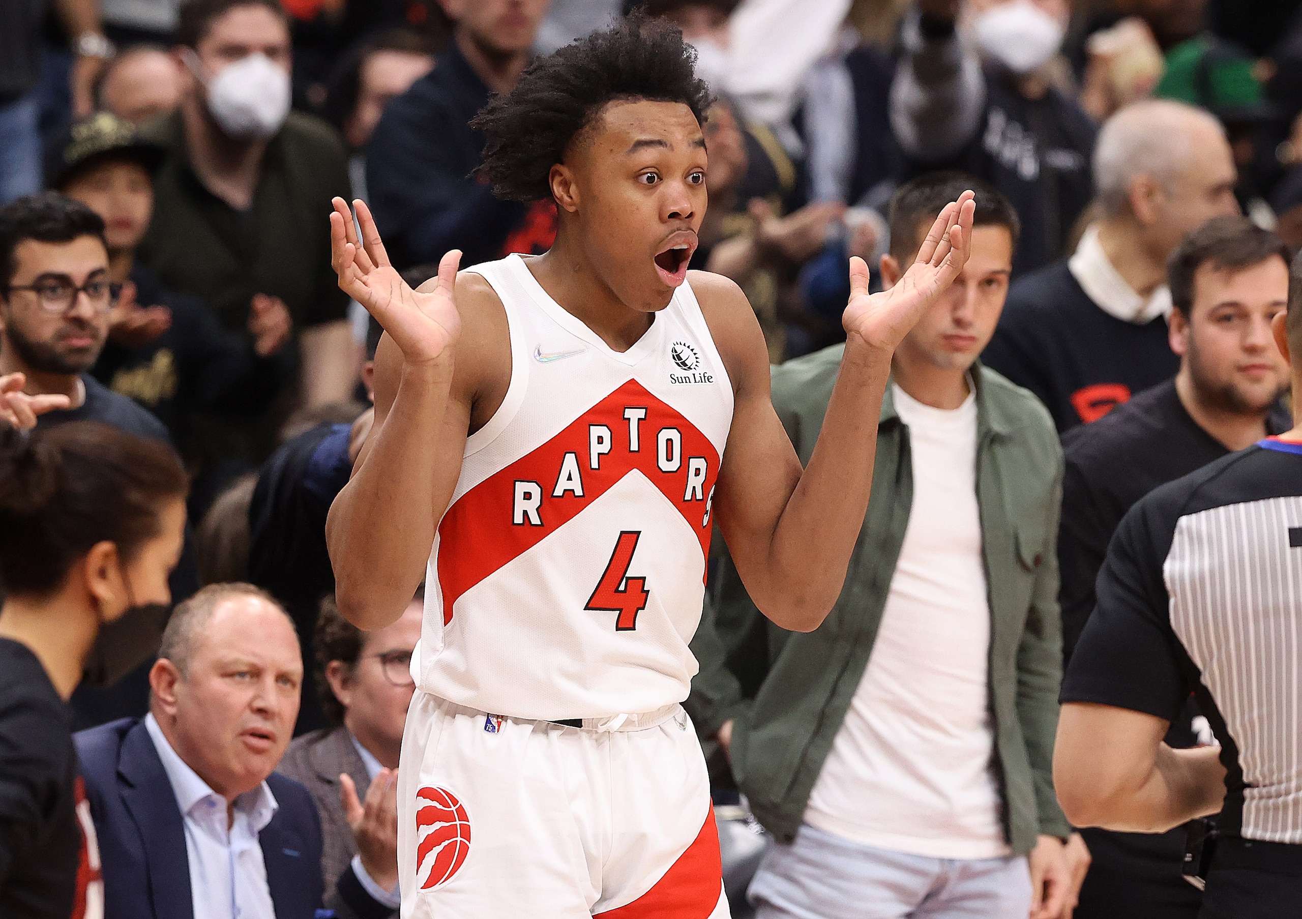 TORONTO, ON- APRIL 28 - Toronto Raptors forward Scottie Barnes (4) reacts to a call against him as the Toronto Raptors fall the Philadelphia 76ers in Game 6 and lose their first round NBA playoff series 4-2 in Scotiabank Arena in Toronto. April 28, 2022. (Steve Russell/Toronto Star via Getty Images) TORONTO, ON- APRIL 28 - Toronto Raptors forward Scottie Barnes (4) reacts to a call against him as the Toronto Raptors fall the Philadelphia 76ers in Game 6 and lose their first round NBA playoff series 4-2 in Scotiabank Arena in Toronto. April 28, 2022. (Steve Russell/Toronto Star via Getty Images)