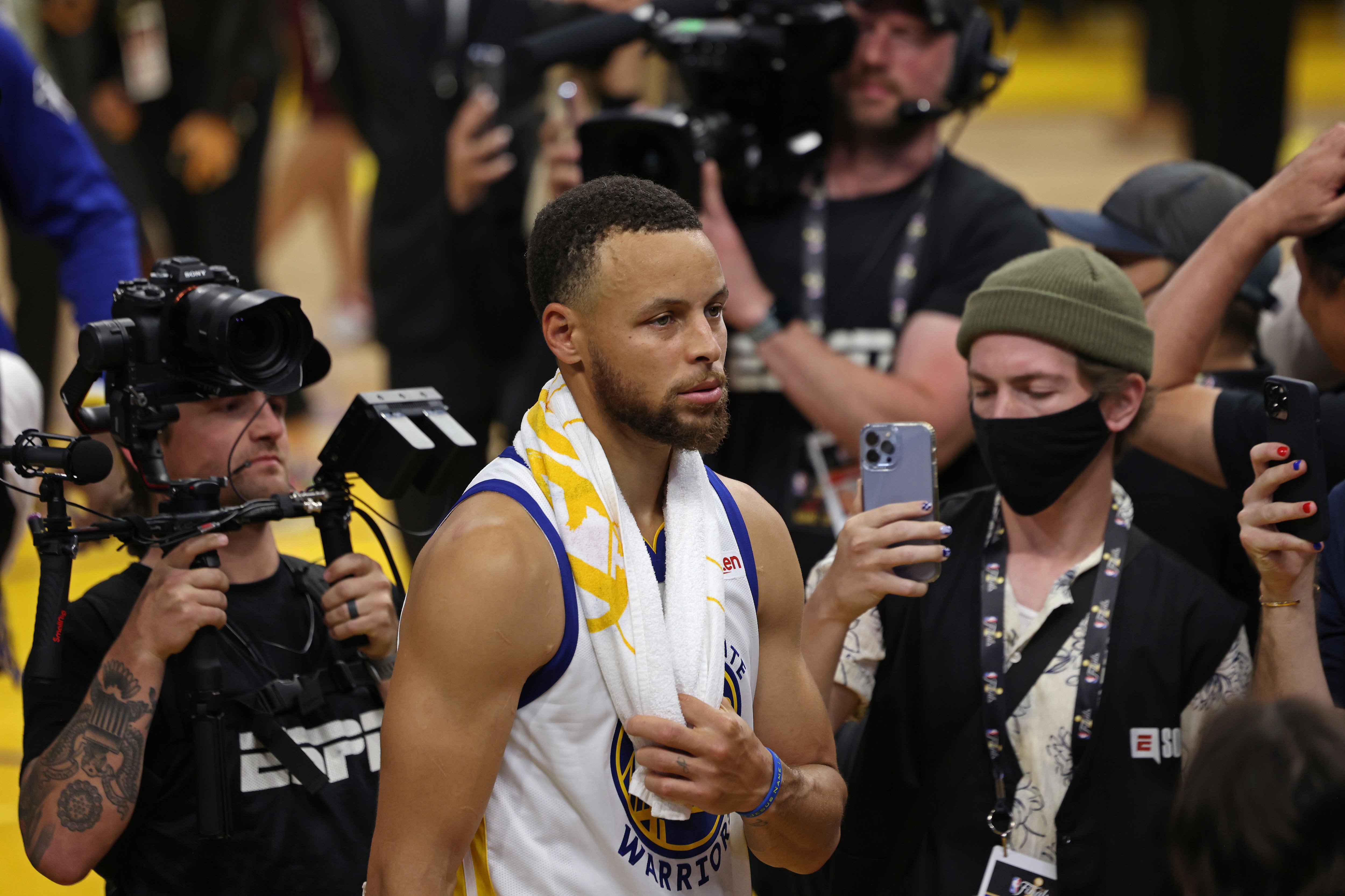 SAN FRANCISCO, CA - JUNE 5: Stephen Curry #30 of the Golden State Warriors walks off the court after Game Two of the 2022 NBA Finals against the Boston Celtics on June 5, 2022 at Chase Center in San Francisco, California. NOTE TO USER: User expressly acknowledges and agrees that, by downloading and or using this photograph, user is consenting to the terms and conditions of Getty Images License Agreement. Mandatory Copyright Notice: Copyright 2022 NBAE (Photo by Mercedes Oliver/NBAE via Getty Images)