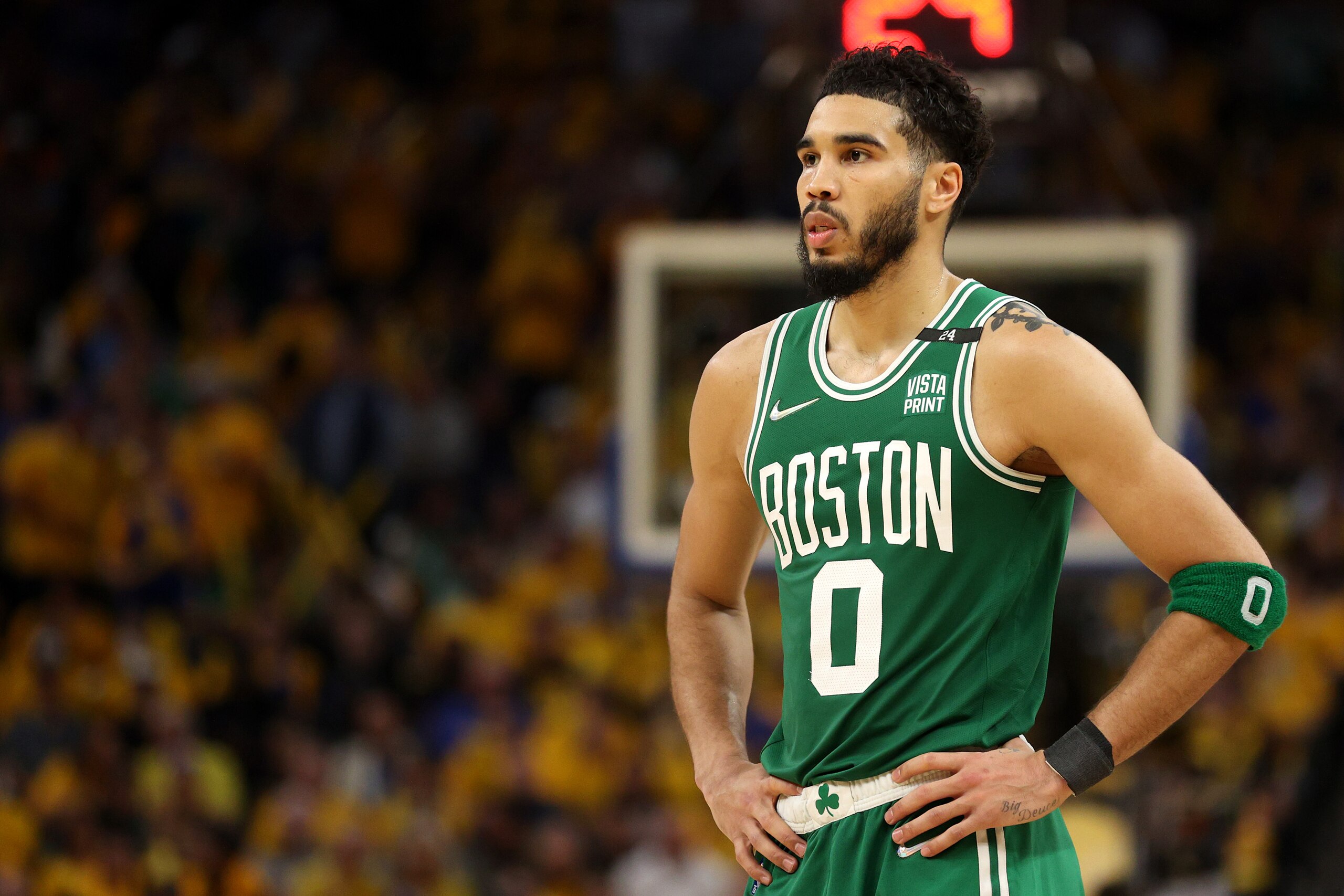 SAN FRANCISCO, CALIFORNIA - JUNE 05: Jayson Tatum #0 of the Boston Celtics looks on during the third quarter against the Golden State Warriors in Game Two of the 2022 NBA Finals at Chase Center on June 05, 2022 in San Francisco, California. NOTE TO USER: User expressly acknowledges and agrees that, by downloading and/or using this photograph, User is consenting to the terms and conditions of the Getty Images License Agreement. (Photo by Ezra Shaw/Getty Images) SAN FRANCISCO, CALIFORNIA - JUNE 05: Jayson Tatum #0 of the Boston Celtics looks on during the third quarter against the Golden State Warriors in Game Two of the 2022 NBA Finals at Chase Center on June 05, 2022 in San Francisco, California. NOTE TO USER: User expressly acknowledges and agrees that, by downloading and/or using this photograph, User is consenting to the terms and conditions of the Getty Images License Agreement. (Photo by Ezra Shaw/Getty Images)