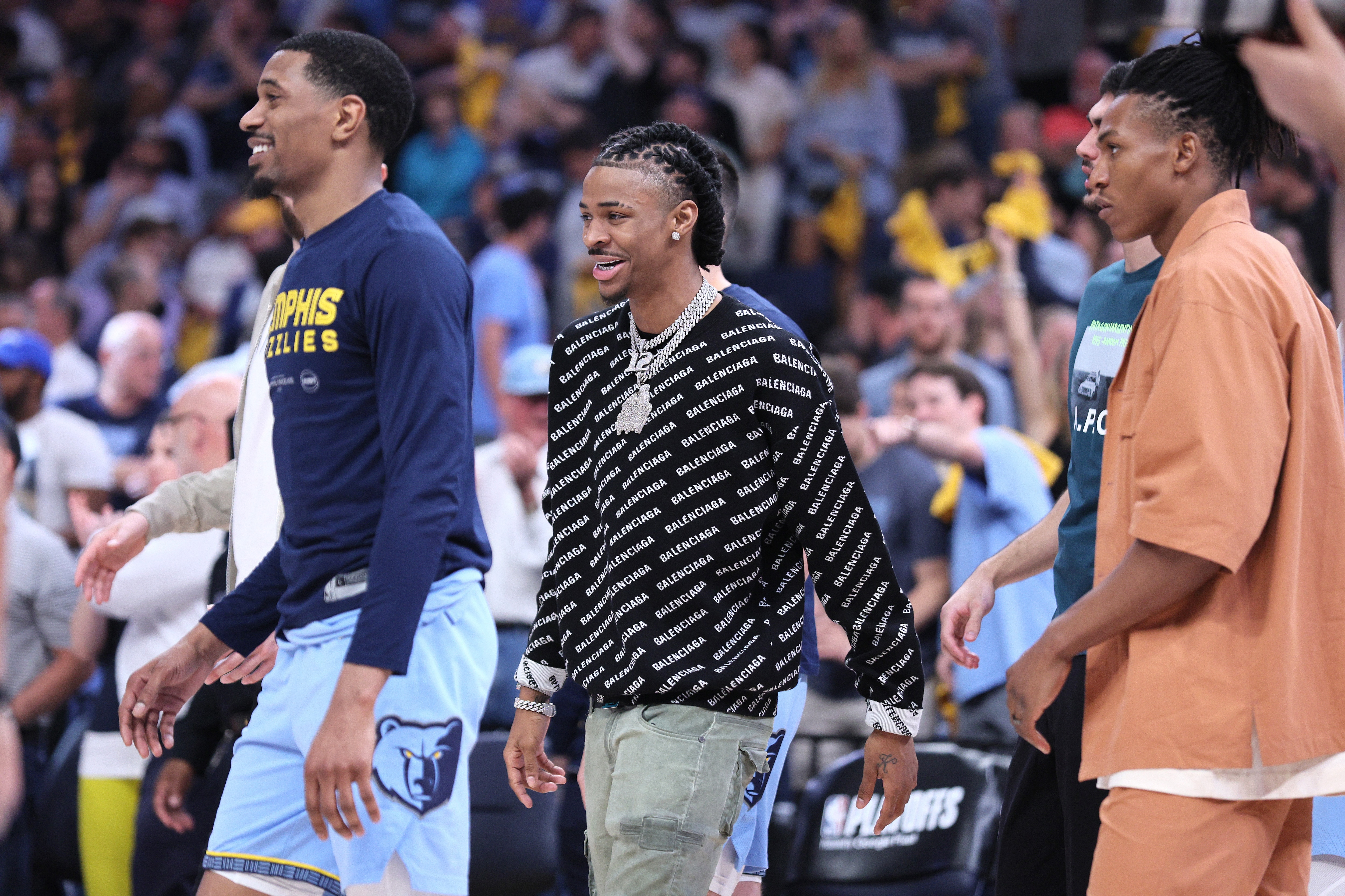 MEMPHIS, TENNESSEE - MAY 11: Ja Morant #12 of the Memphis Grizzlies reacts against the Memphis Grizzlies during the second quarter in Game Five of the 2022 NBA Playoffs Western Conference Semifinals at FedExForum on May 11, 2022 in Memphis, Tennessee. NOTE TO USER: User expressly acknowledges and agrees that, by downloading and/or using this photograph, User is consenting to the terms and conditions of the Getty Images License Agreement. (Photo by Andy Lyons/Getty Images)