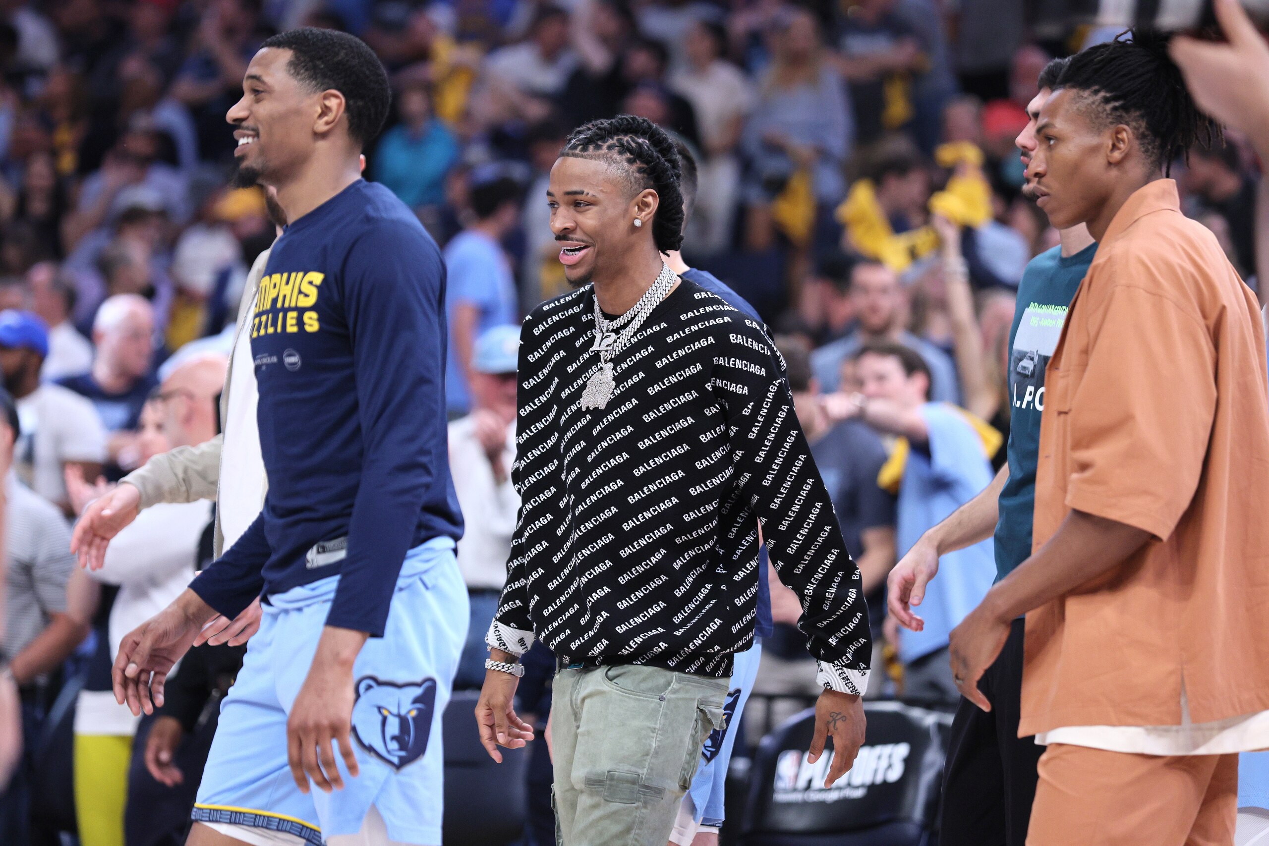 MEMPHIS, TENNESSEE - MAY 11: Ja Morant #12 of the Memphis Grizzlies reacts against the Memphis Grizzlies during the second quarter in Game Five of the 2022 NBA Playoffs Western Conference Semifinals at FedExForum on May 11, 2022 in Memphis, Tennessee. NOTE TO USER: User expressly acknowledges and agrees that, by downloading and/or using this photograph, User is consenting to the terms and conditions of the Getty Images License Agreement. (Photo by Andy Lyons/Getty Images) MEMPHIS, TENNESSEE - MAY 11: Ja Morant #12 of the Memphis Grizzlies reacts against the Memphis Grizzlies during the second quarter in Game Five of the 2022 NBA Playoffs Western Conference Semifinals at FedExForum on May 11, 2022 in Memphis, Tennessee. NOTE TO USER: User expressly acknowledges and agrees that, by downloading and/or using this photograph, User is consenting to the terms and conditions of the Getty Images License Agreement. (Photo by Andy Lyons/Getty Images)