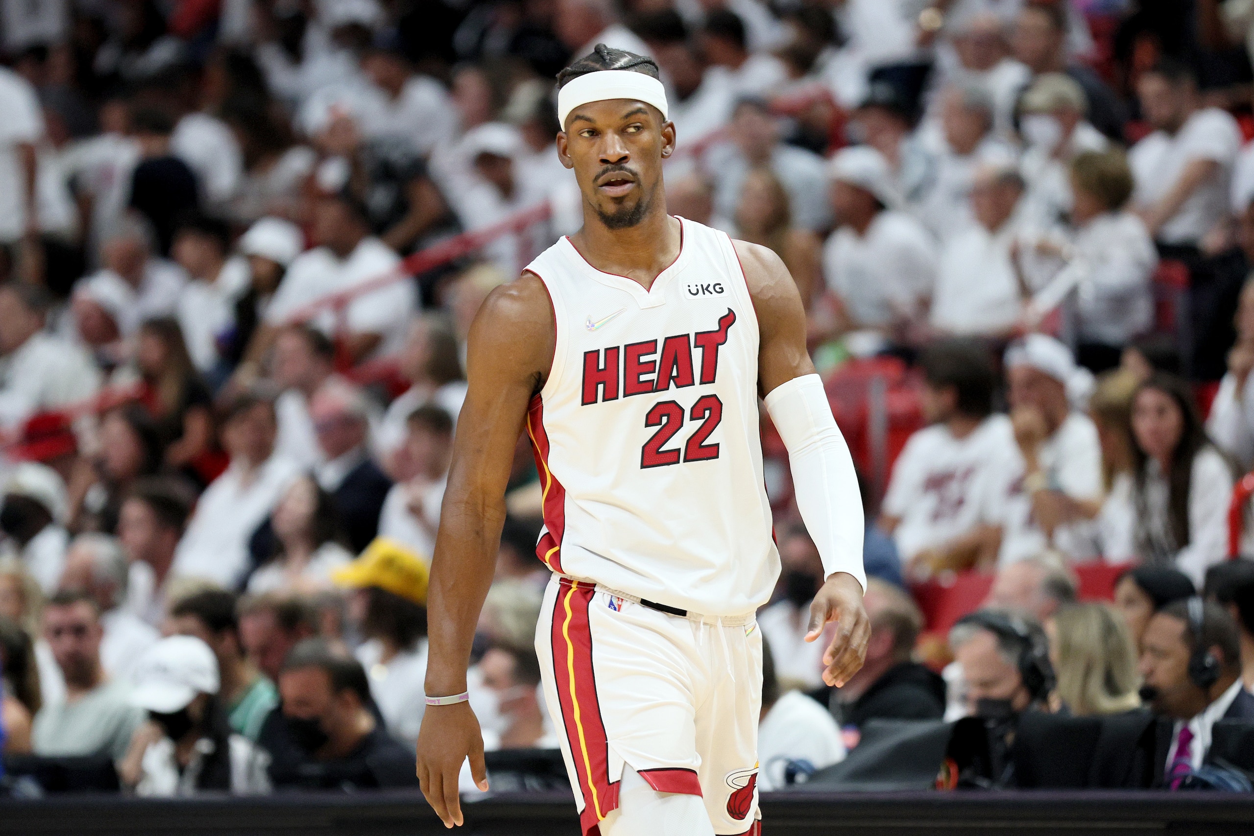 MIAMI, FLORIDA - MAY 29: Jimmy Butler #22 of the Miami Heat looks on against the Boston Celtics during the first quarter in Game Seven of the 2022 NBA Playoffs Eastern Conference Finals at FTX Arena on May 29, 2022 in Miami, Florida. NOTE TO USER: User expressly acknowledges and agrees that, by downloading and/or using this photograph, User is consenting to the terms and conditions of the Getty Images License Agreement. (Photo by Andy Lyons/Getty Images) MIAMI, FLORIDA - MAY 29: Jimmy Butler #22 of the Miami Heat looks on against the Boston Celtics during the first quarter in Game Seven of the 2022 NBA Playoffs Eastern Conference Finals at FTX Arena on May 29, 2022 in Miami, Florida. NOTE TO USER: User expressly acknowledges and agrees that, by downloading and/or using this photograph, User is consenting to the terms and conditions of the Getty Images License Agreement. (Photo by Andy Lyons/Getty Images)