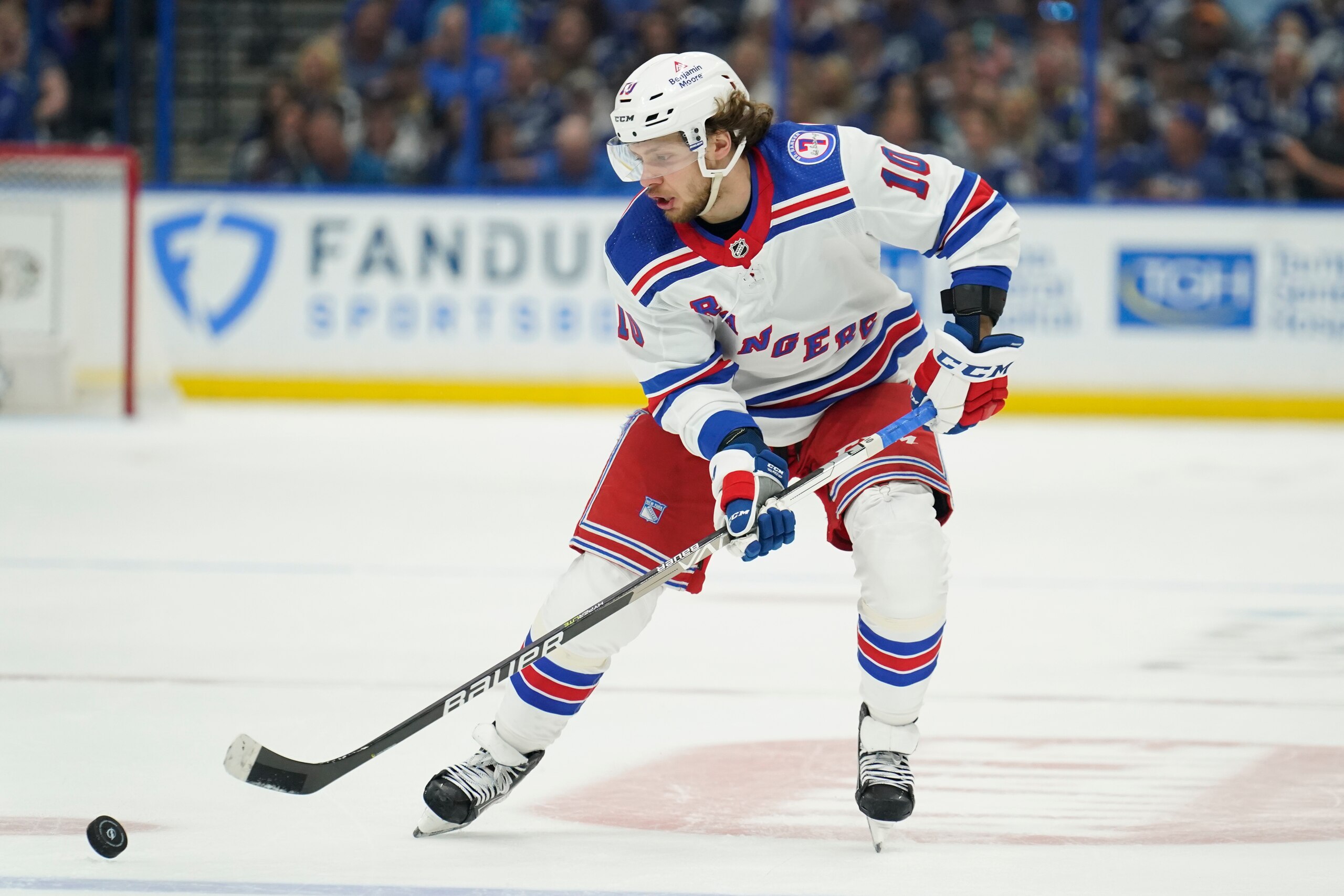 New York Rangers left wing Artemi Panarin (10) against the Tampa Bay Lightning during the first period in Game 3 of the NHL hockey Stanley Cup playoffs Eastern Conference finals Sunday, June 5, 2022, in Tampa, Fla. (AP Photo/Chris O'Meara)