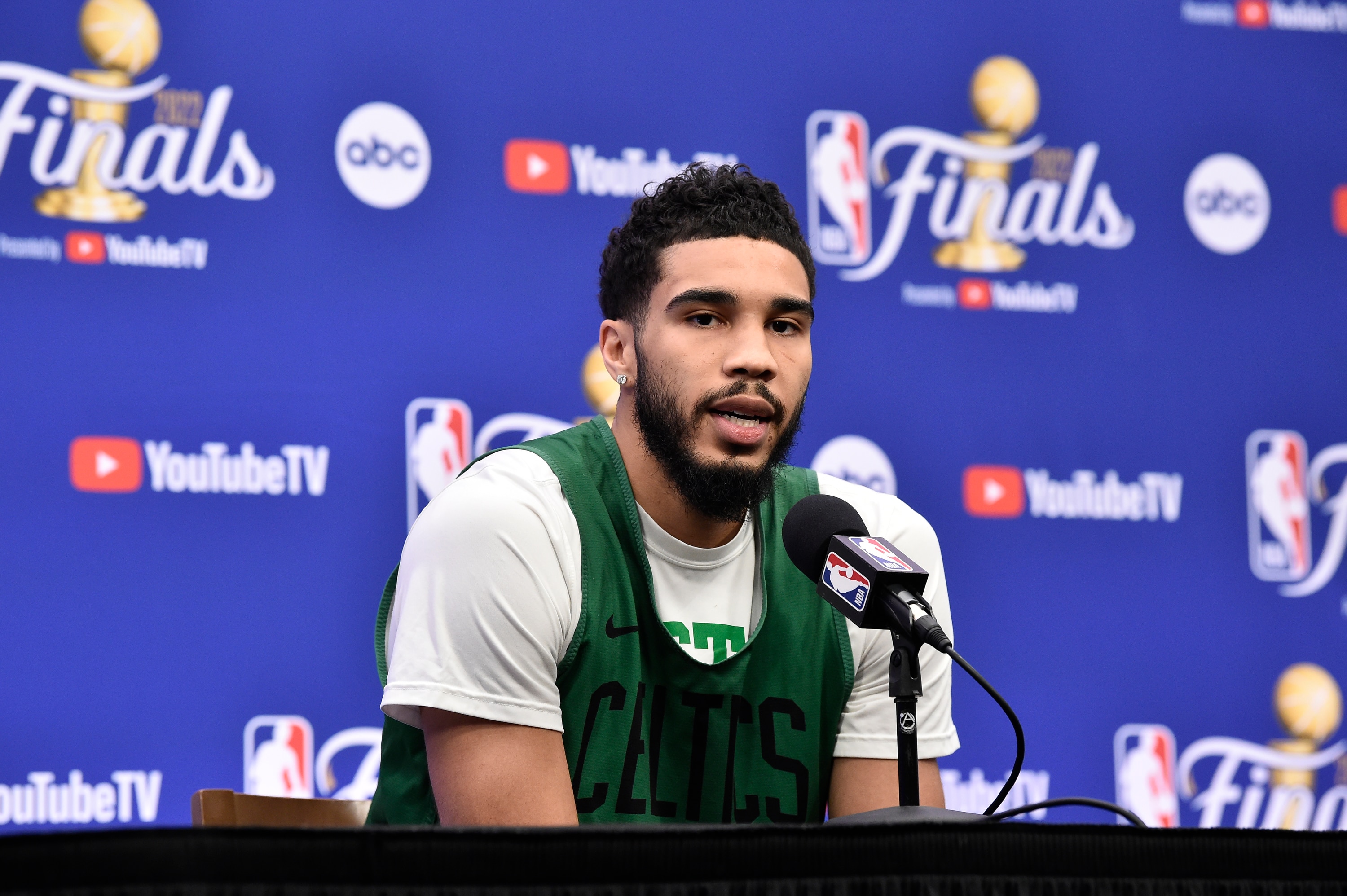SAN FRANCISCO, CA - JUNE 7: Jayson Tatum #0 of the Boston Celtics speaks to the media during practice and media availability as part of the 2022 NBA Finals on June 7, 2022 at TD Garden in Boston, Massachusetts. NOTE TO USER: User expressly acknowledges and agrees that, by downloading and or using this photograph, User is consenting to the terms and conditions of the Getty Images License Agreement. Mandatory Copyright Notice: Copyright 2022 NBAE (Photo by David Dow/NBAE via Getty Images)
